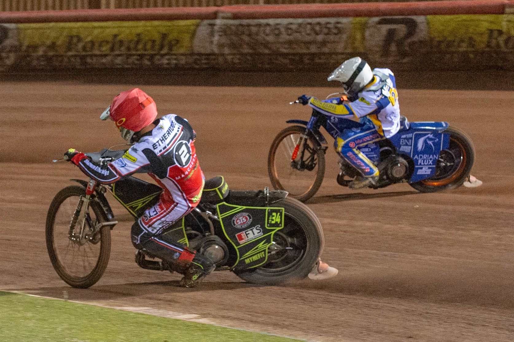Photo: Ian CharlesJye Etheridge of Belle Vue 'BikeRight' Aces  (Red) tries to go inside Lewis Kerr of the 'ATPI' All Stars (White)Belle Vue ‘Bikerite ’Aces v ‘ATPI’ All Stars, Premiership Challenge, National Speedway Stadium, Manchester Thursday  24  September  2020