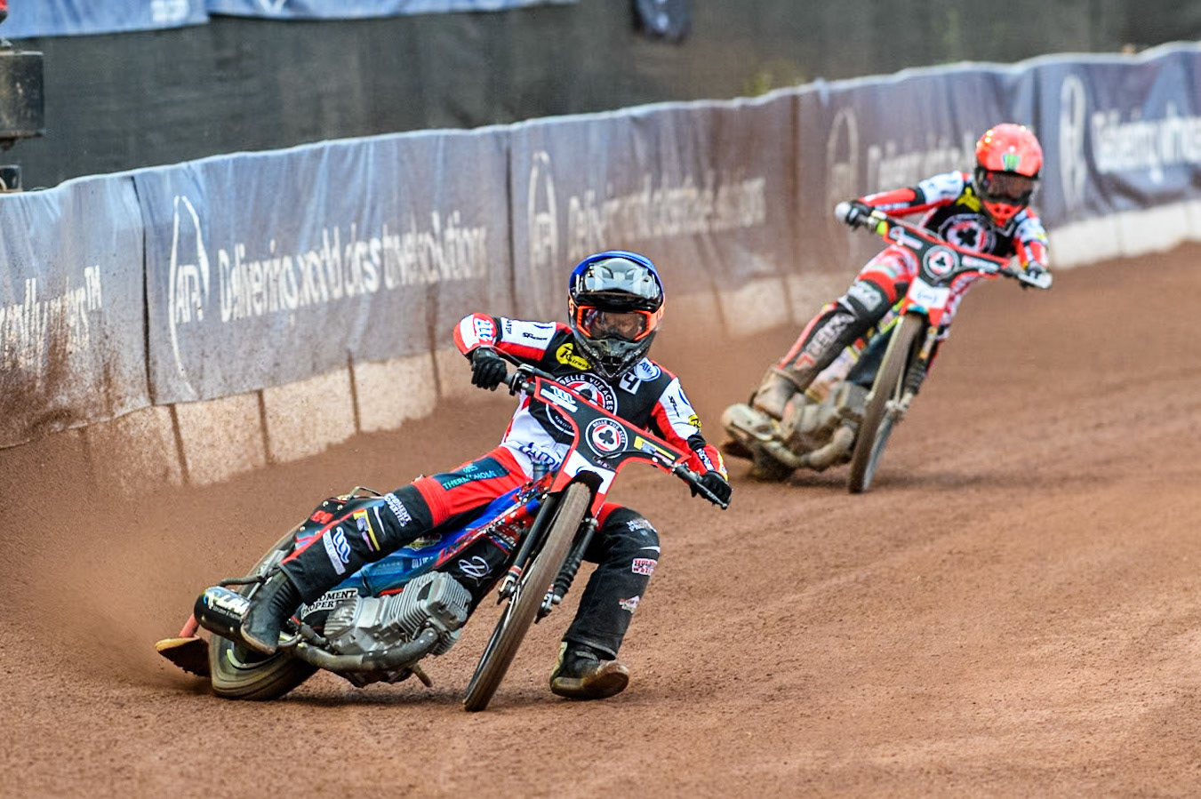 Belle Vue Aces' Ben Cook in Blue leading team mate Belle Vue Aces' Jaimon Lidsey in Red during the Rowe Motor Oil Premiership match between Belle Vue Aces and King's Lynn Stars at the National Speedway Stadium, Manchester on Monday 20th May 2024. (Photo: Ian Charles | MI News)