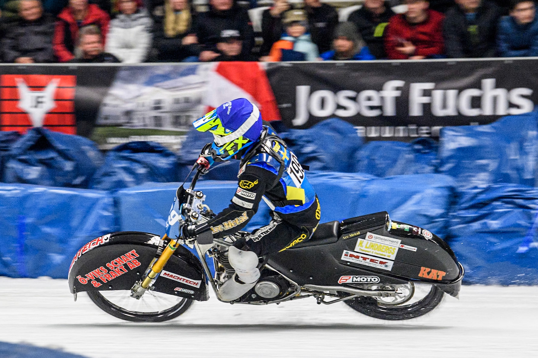 Sweden's Martin Haarahiltunen (199)  leads the final during the FIM Ice Speedway Gladiators World Championship Final 1 at the Max-Aicher-Arena, Inzell on Saturday 23 March 2024. (Photo: Ian Charles | MI News)