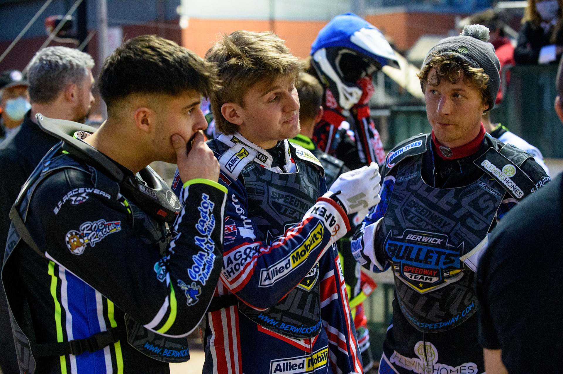 MANCHESTER, UK. MAY 28TH  (l-r) Keiran Douglas, Leon Flint  and Greg Blair  in discussions during the SGB National Development League match between Belle Vue Colts and Berwick Bullets at the National Speedway Stadium, Manchester on Friday 28th May 2021. (Credit: Ian Charles | MI News)