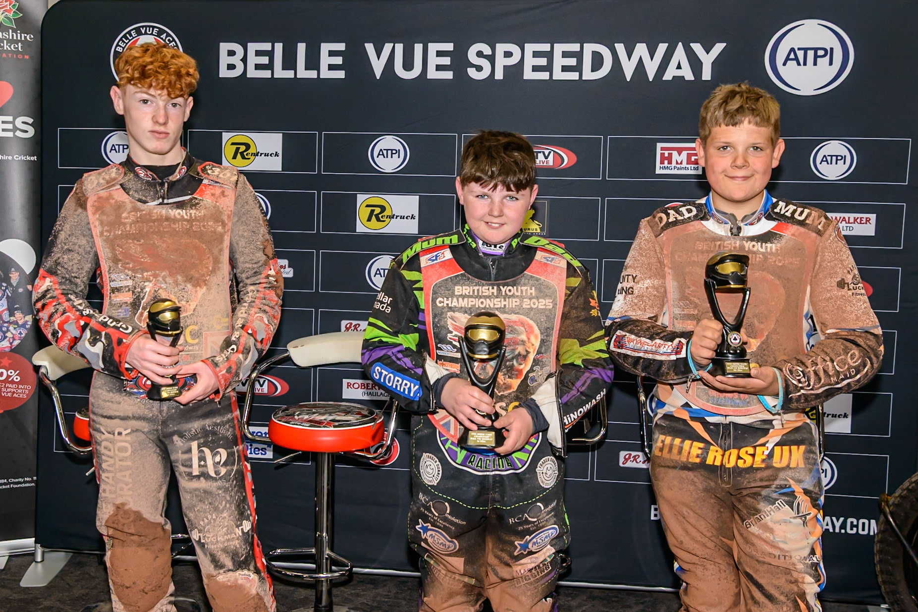 125cc Top 3: Charlie Luckman (3rd), Lewis Hague (1st) and Reuben Marsh (2nd) during the British Youth Championship (125cc) Round 2A, at the National Speedway Stadium, Manchester on Sunday 1st June 2025. (Photo: Ian Charles | MI News)
