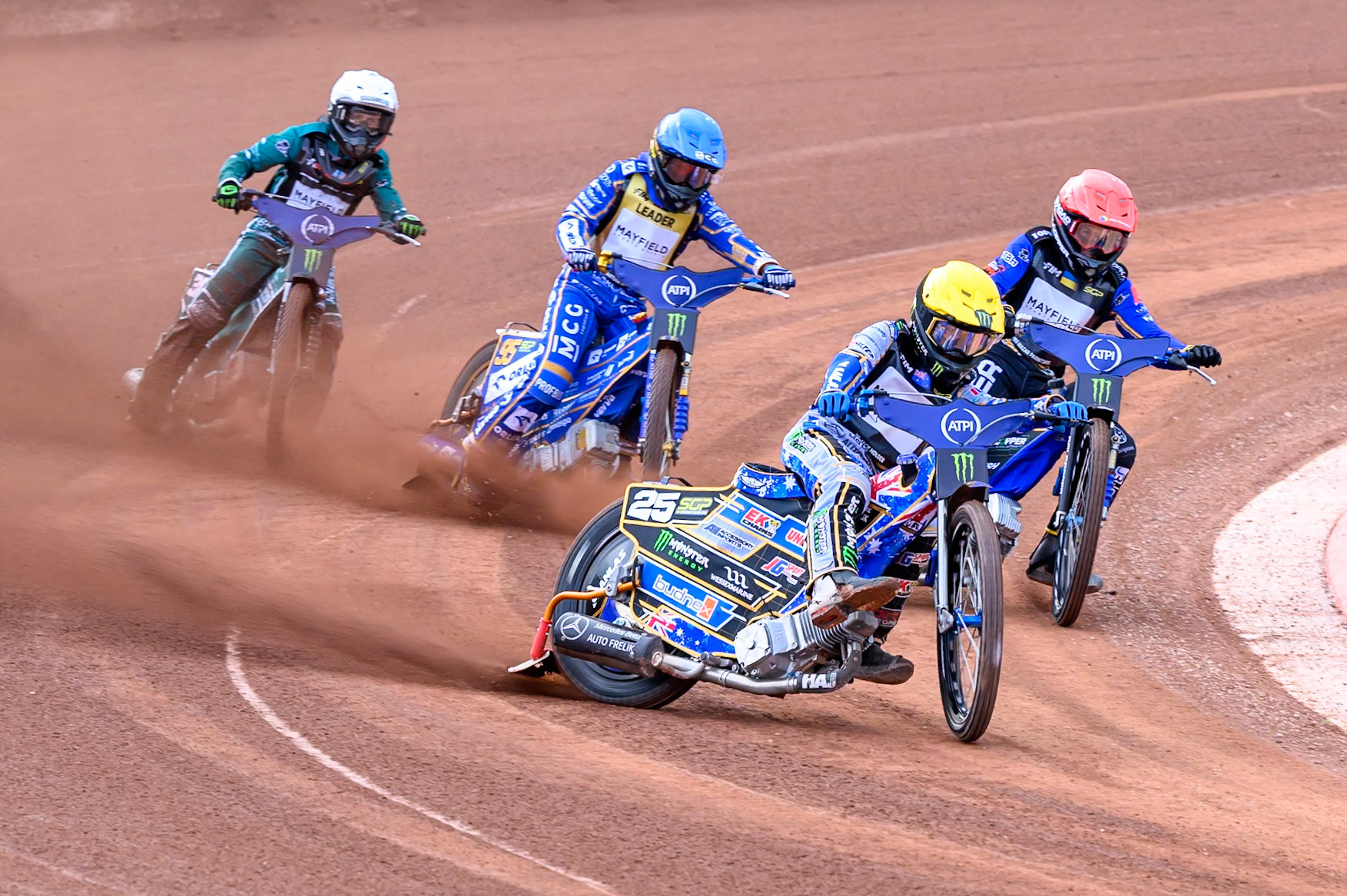 Jack Holder (25) of Australia in Yellow leading Nazar Parnitskyi (785) of Ukraine in Red Bartosz Zmarzlik (95) of Poland in Blue andLeon Madsen (30) of Denmark in White during the ATPI  FIM Speedway GP of Manchester at the National Speedway Stadium, Manchester on Friday 5th June 2026. (Photo: Ian Charles | MI News)