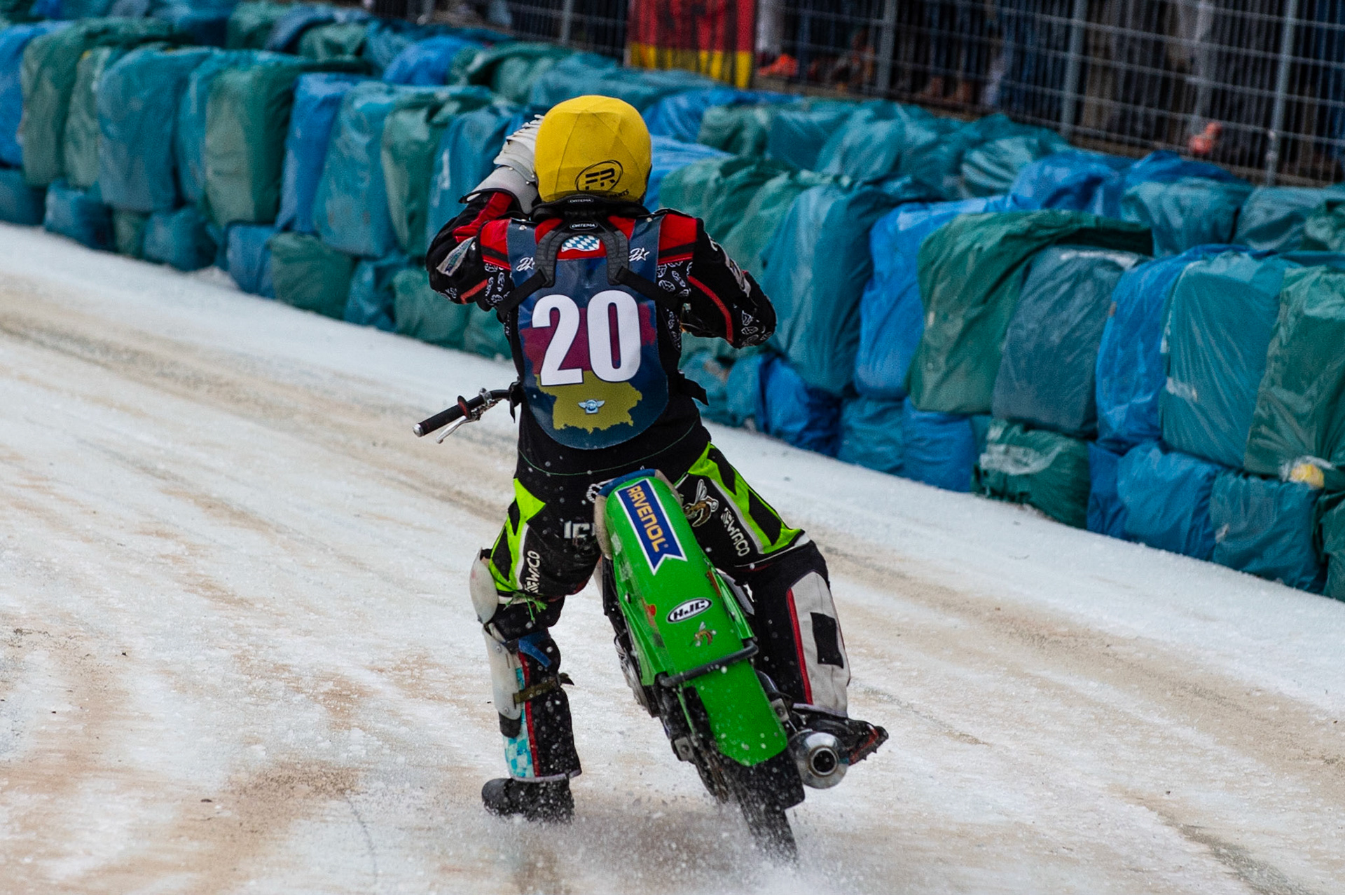 BERLIN GERMANY  - March 1  Johan Weber acknowledges the crowd after his heat win  during the Ice Speedway of Nations at the Horst-Dohm-Eisstadion, Berlin,  on Sunday 1 March 2020. (Credit: Ian Charles | MI News)