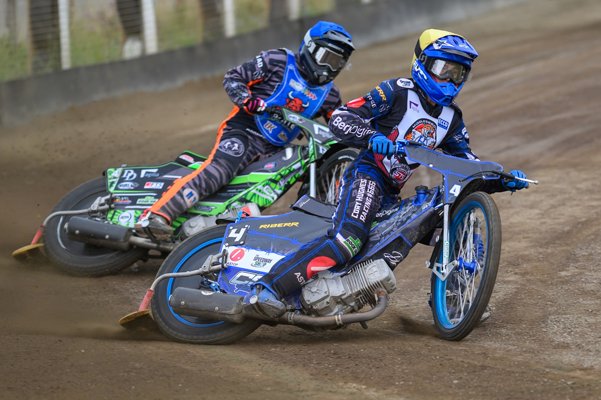 Charlie Southwick of Middlesborough Tigers in Yellow leading Jack Roberts of Buxton Bulls in Blue during the WSRA National Development League match  between Buxton Bulls and Middlesborough Tigers at Hi-Edge Speedway, Buxton on Sunday 16th August 2026. (Photo: Ian Charles | MI News)