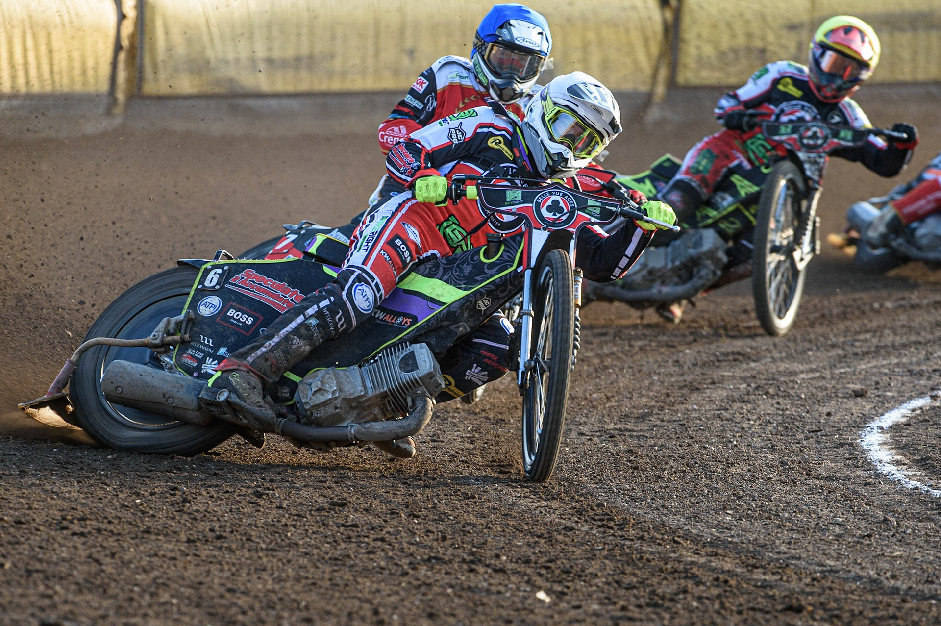 PETERBOROUGH, UK. JULY 19TH  Tom Brennan  (White) leads Chris Harris  (Blue) and Jye Etheridge  (Yellow) during the SGB Premiership match between Peterborough and Belle Vue Aces at East of England Showground, Peterborough on Monday 19th July 2021. (Credit: Ian Charles | MI News)