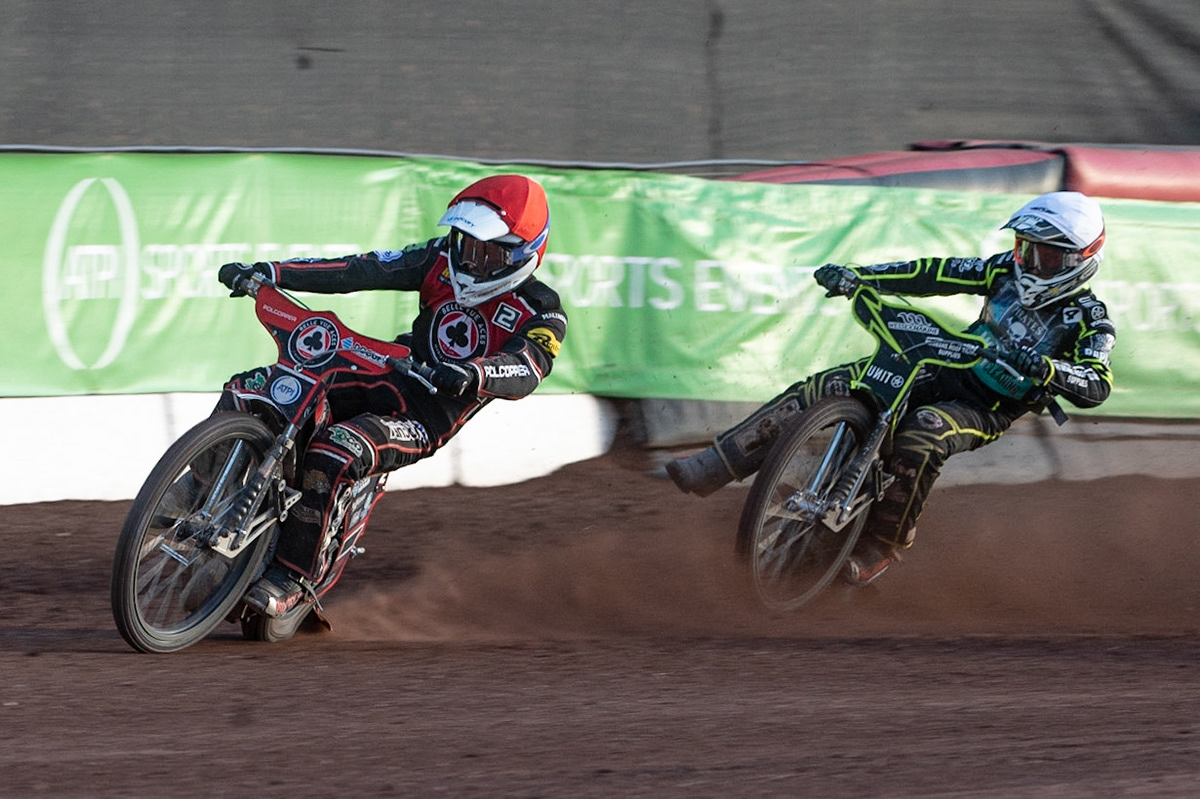 Photo by Ian Charles

Jaimon Lidsey  (Red) leads Josh Grajczonek  (White)

Belle Vue Aces v Poole Pirates, British Speedway Premiership, Belle Vue National Speedway Stadium, Manchester, Monday 1  July  2019