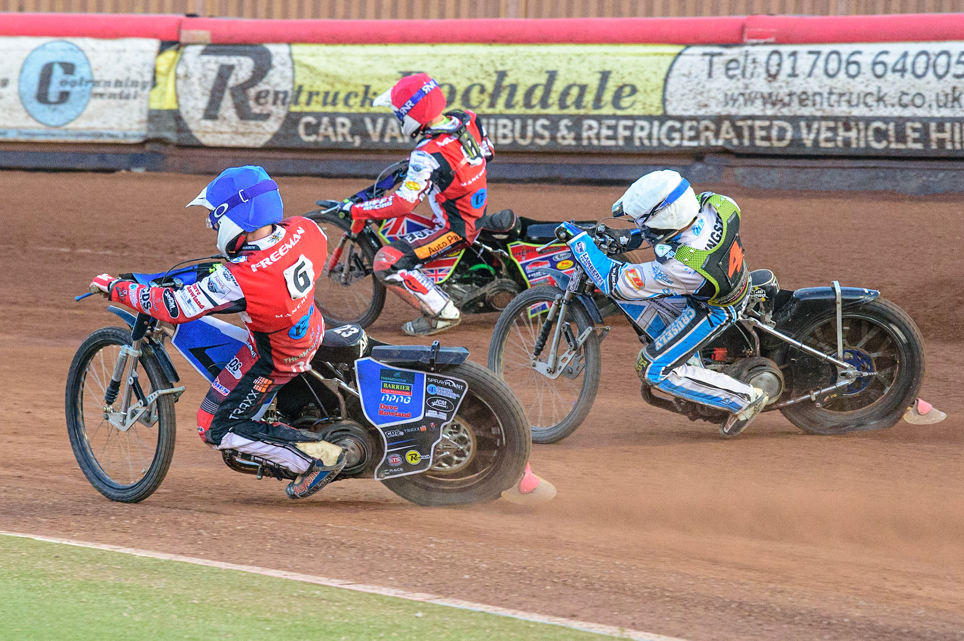 Archie Freeman  (Blue) and Jake Mulford  (Red) lead Jack Kingston   (White) during the National Development League match between Belle Vue Colts and Mildenhall Fens Tigers at the National Speedway Stadium, Manchester on Friday 15th July 2022. (Credit: Ian Charles | MI News)