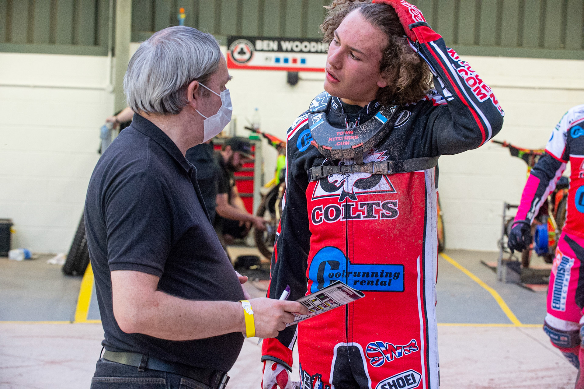 MANCHESTER, UK. JULY 2ND  Colts Joint manager Graham Goodwin (left)n talks with Harry McGurk  during the National Development League match between Belle Vue Colts and Kent Royals at the National Speedway Stadium, Manchester on Friday 2nd July 2021. (Credit: Ian Charles | MI News)