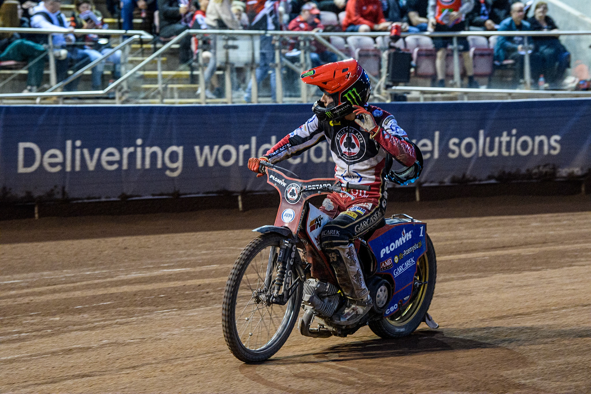 Dan Bewley acknowledges the crowd after his final ride during the Sports Insure Premiership match between Belle Vue Aces and Ipswich Witches at the National Speedway Stadium, Manchester on Monday 17th July 2023. (Photo: Ian Charles | MI News)