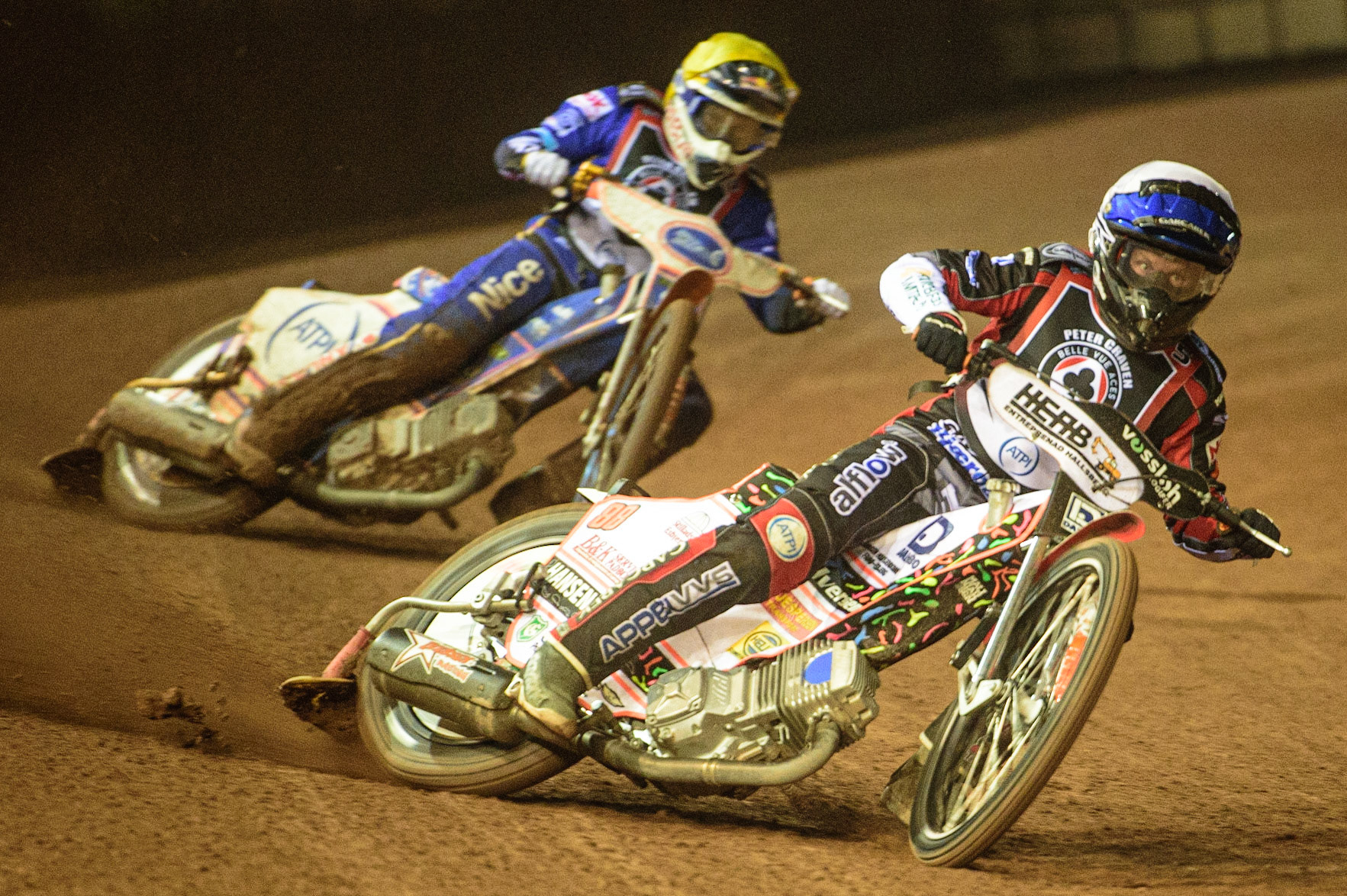 MANCHESTER, UK. MAR 21ST. Nicolai Klindt (Blue) leads Robert Lambert (Yellow) during the ATPI Peter Craven Memorial Trophy at the National Speedway Stadium, Manchester on Monday 21st March 2022. (Credit: Ian Charles | MI News)