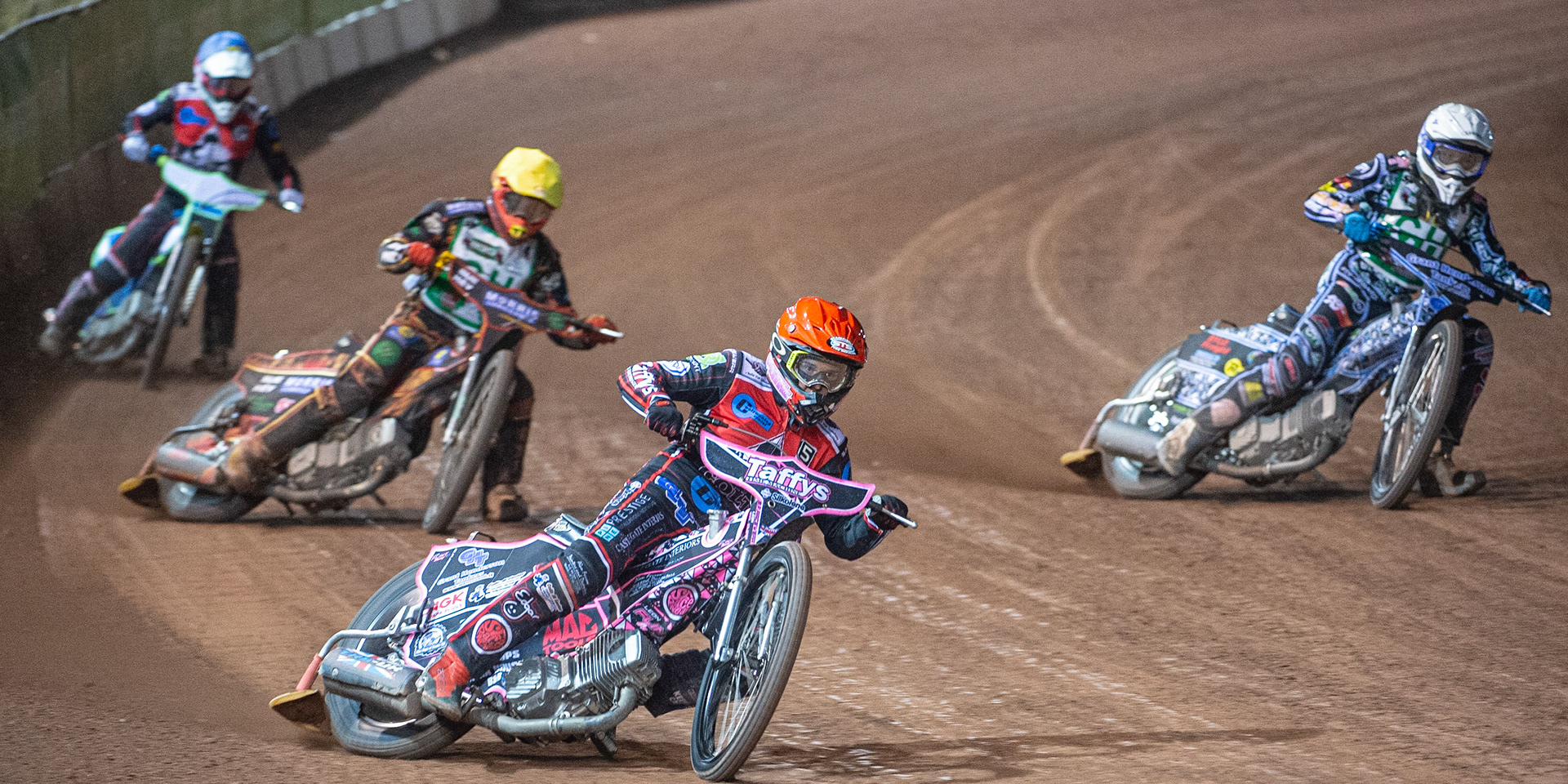 Photo: Ian Charles

Leon Flint  (Red) leads Luke Harris (Yellow) Harry McGurk (White) and Ben Rathbone  (Blue)

Belle Vue Colts v Cradley Heathens, SGB National League KO Cup Semi Final 2nd Leg, Belle Vue National Speedway Stadium, Manchester, Wednesday 18  September  2019