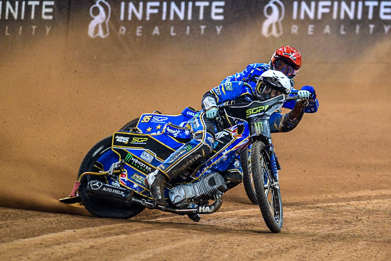 Jack Holder (25) (White) leads  Bartosz Zmarzlik (95) (Red) during the FIM Speedway Grand Prix of Great Britain at the Principality Stadium, Cardiff on Saturday 2nd September 2023. (Photo: Ian Charles | MI News)