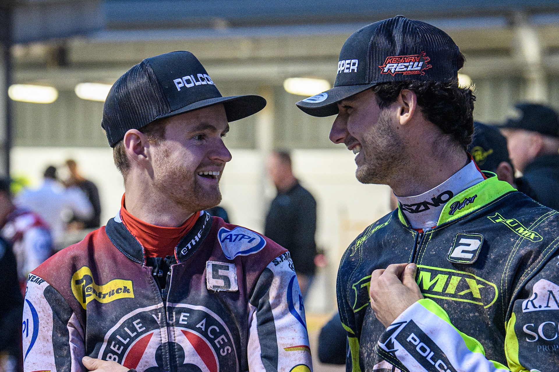 Brady Kurtz (left) chats with Keynan Rew during the Sports Insure Premiership match between Belle Vue Aces and Ipswich Witches at the National Speedway Stadium, Manchester on Monday 17th July 2023. (Photo: Ian Charles | MI News)