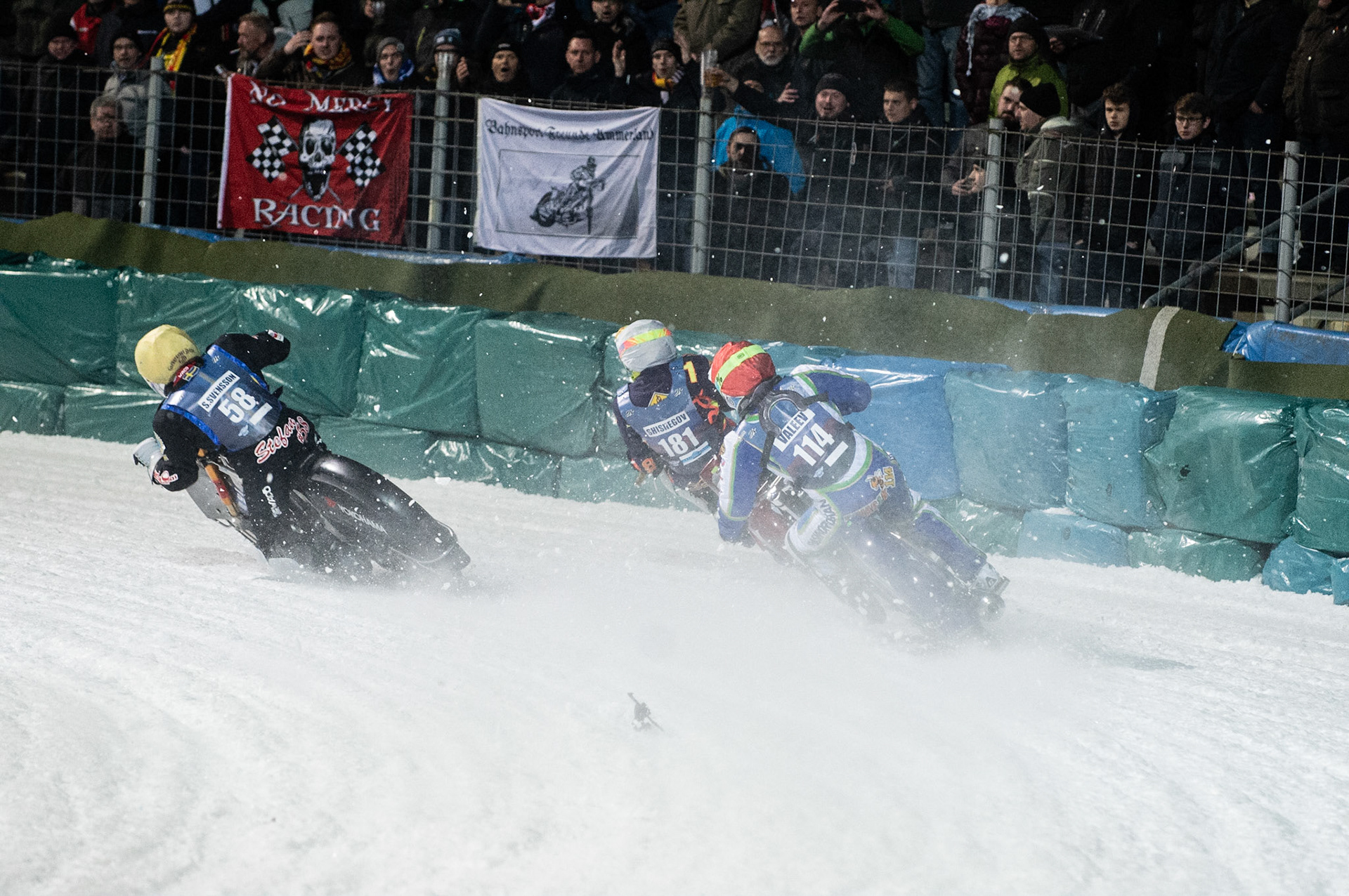Photo: Ian Charles

Stefan Svensson (58) hits a rut inside Andrei Shishegov (181) and Dinar Valeev (114) causing Shishegov to fall

FIM Ice Speedway Gladiators World Championship, Final 3.1, Horst-Dohm Eisstadion, Berlin, Germany Saturday  2  March  2019