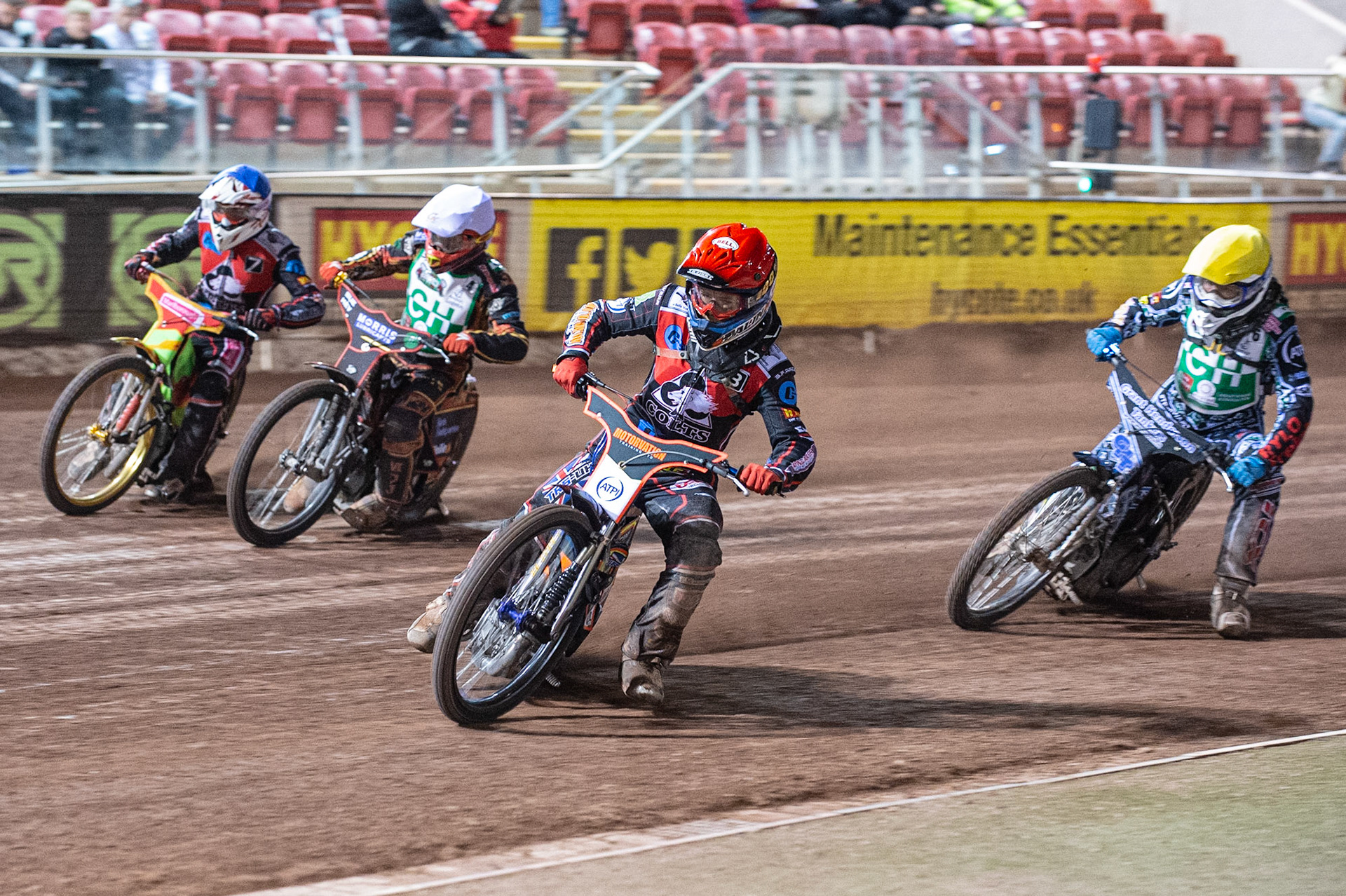 Photo: Ian Charles

Jordan Palin  (Red) leads Ben Woodhull  (Blue) Luke Harris (Yellow) and Harry McGurk  (Yellow)

Belle Vue Colts v Cradley Heathens, SGB National League KO Cup Semi Final 2nd Leg, Belle Vue National Speedway Stadium, Manchester, Wednesday 18  September  2019