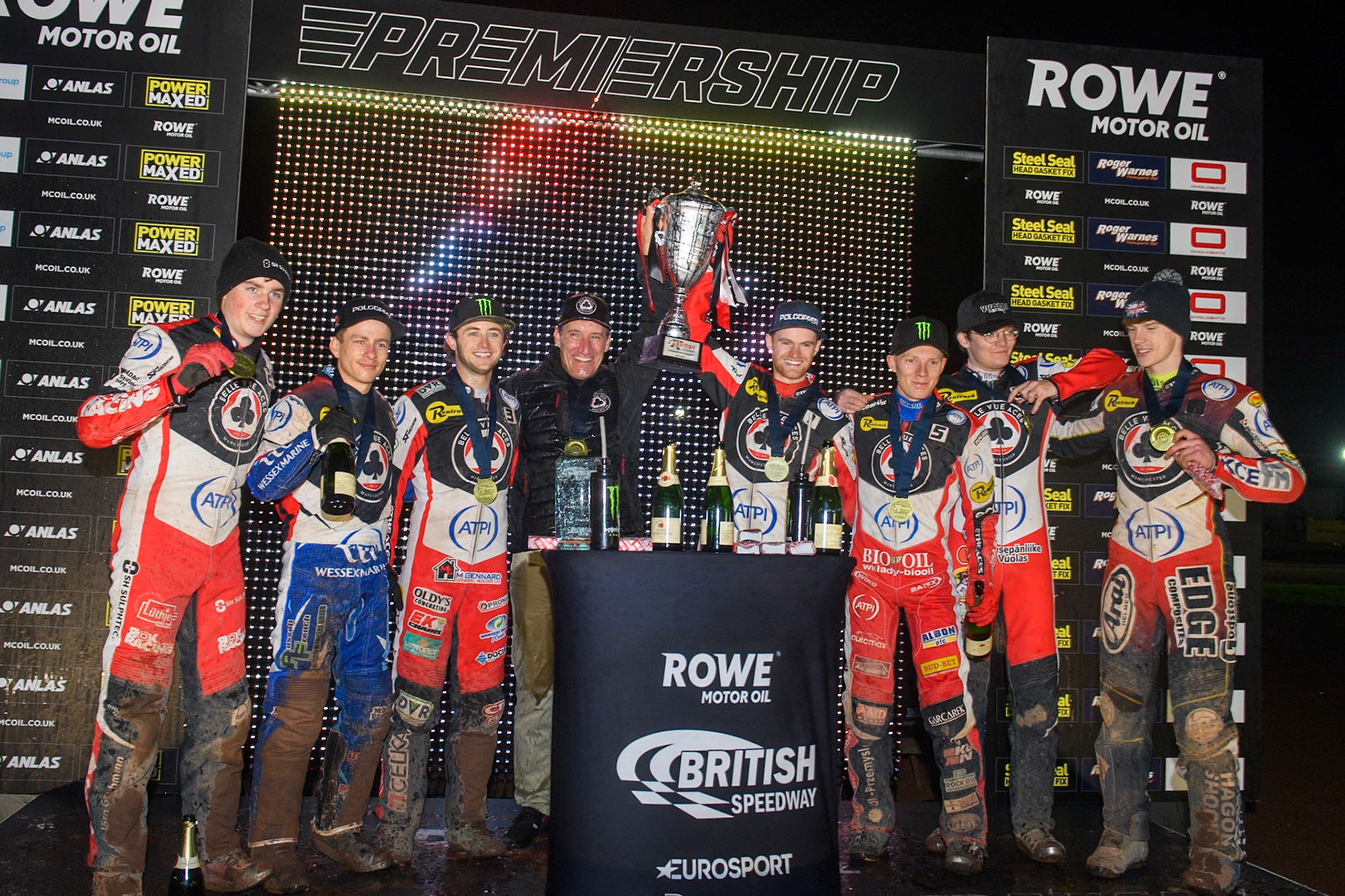 Belle Vue ATPI Aces lift the premiership trophy during the Rowe Motor Oil Premiership Grand Final 2nd Leg between Leicester Lions and Belle Vue Aces at the Pidcock Motorcycles Arena, Leicester on Thursday 26th September 2024. (Photo: Ian Charles | MI News)