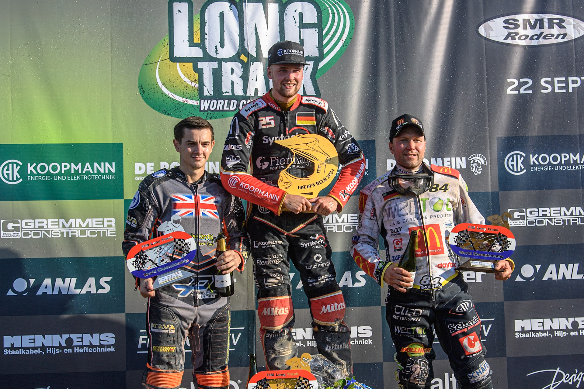 Roden Top 3: (L to R) Zach Wajtknecht (109) of Great Britain (2nd), Lukas Fienhage (125) of Germany (Winner) Martin Smolinski (84) of Germany (3rd) during the FIM Long Track World Championship Final 5 at the Speed Centre Roden, Roden, Netherlands on Sunday 22nd September 2024. (Photo: Ian Charles | MI News)
