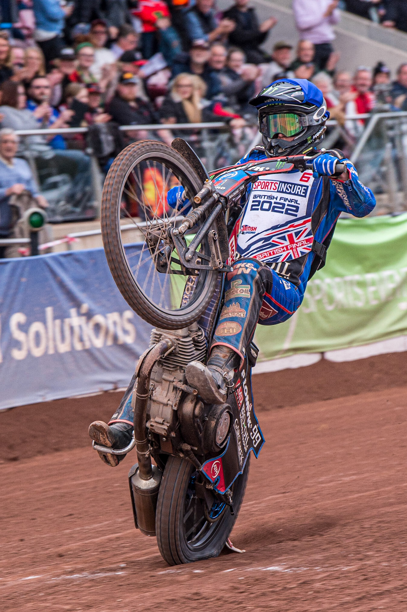 Dan Bewley  celebrates being British Champion with a wheelie during the Sports Insure British Speedway Final, at the National Speedway Stadium, Manchester, on Sunday 18th September 2022. (Credit: Ian Charles | MI News )