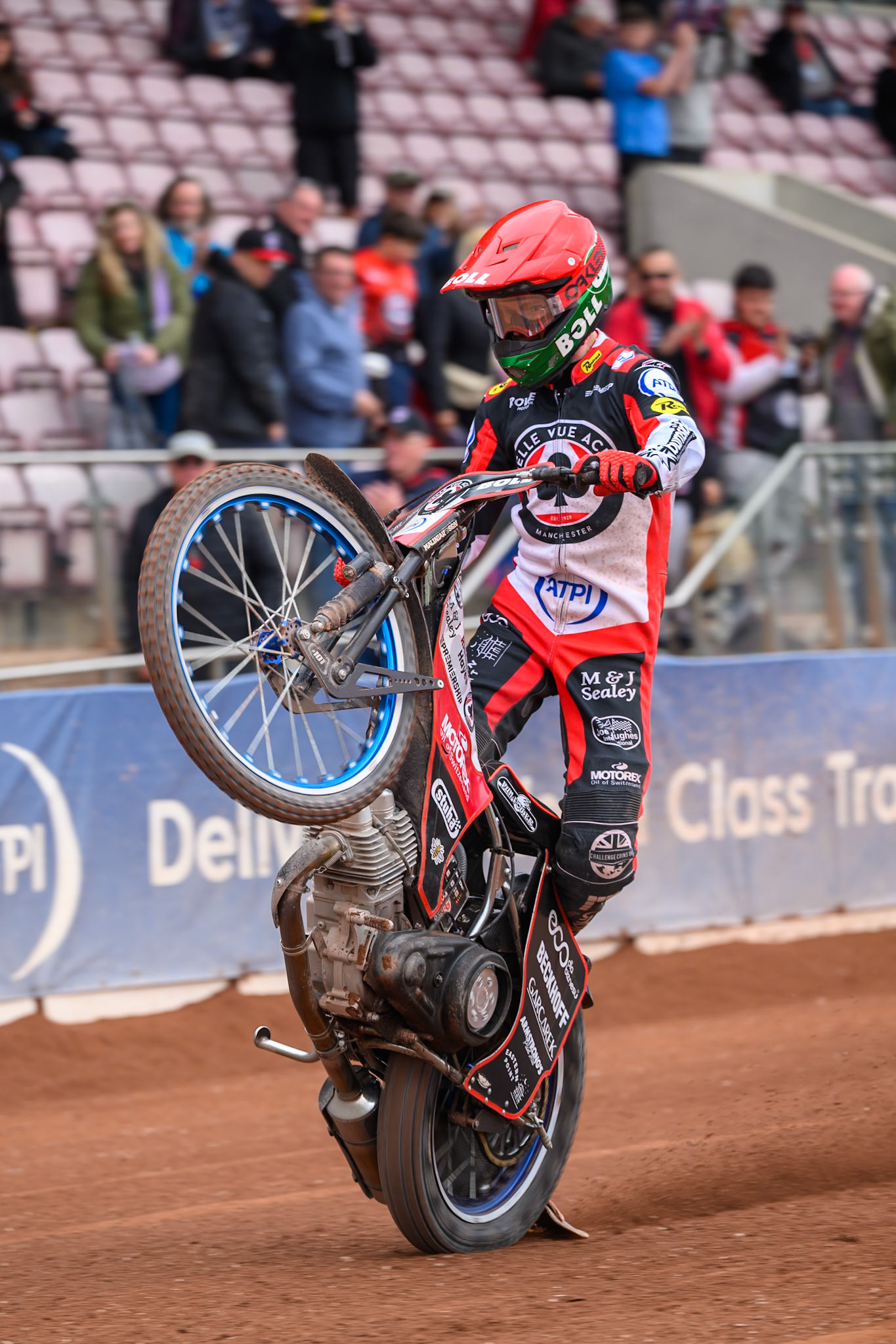 Brady Kurtz of Belle Vue Aces does a wheelie during the Rowe Motor Oil Premiership match between Belle Vue Aces and Northampton Foxes at the National Speedway Stadium, Manchester on Monday 4th May 2026. (Photo: Ian Charles | MI News)