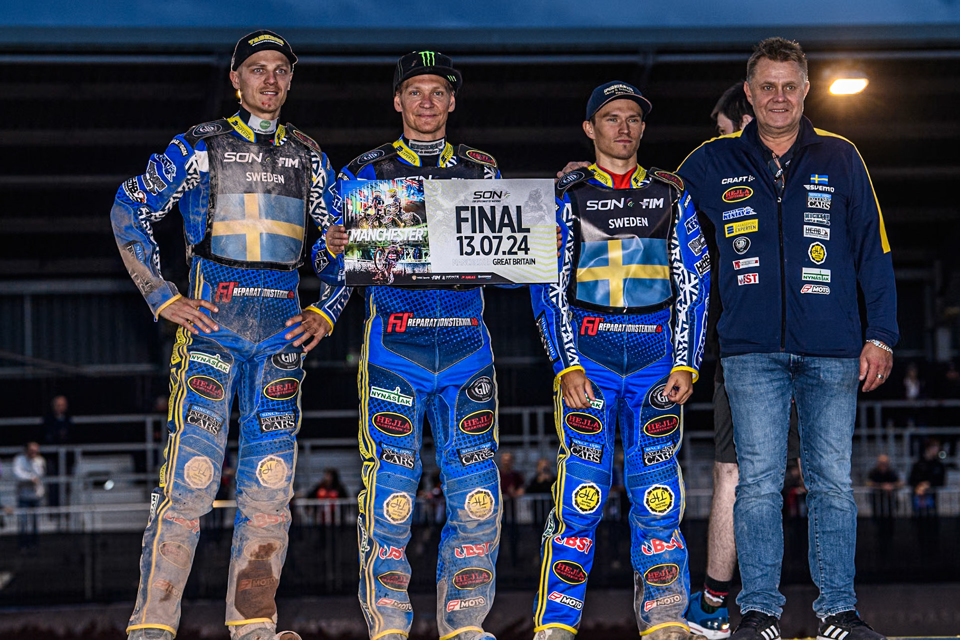 SEMI FINAL 1 Winners Sweden: (L to R) Jacob Thorssell, Fredrik Lindgren. Oliver Berntzon, Team manager, Morgan Andersson during the Monster Energy FIM Speedway of Nations Semi-Final 1 at the National Speedway Stadium, Manchester on Tuesday 9th July 2024. (Photo: Ian Charles | MI News)
