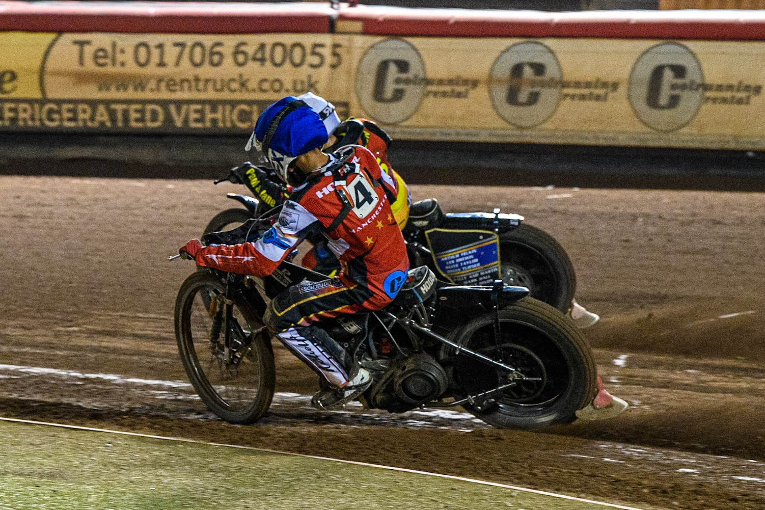 Freddy Hodder (Blue) inside Joe Thompson (White) during the National Development League match between Belle Vue Colts and Leicester Lion Cubs at the National Speedway Stadium, Manchester on Friday 8th September 2023. (Photo: Ian Charles | MI News)