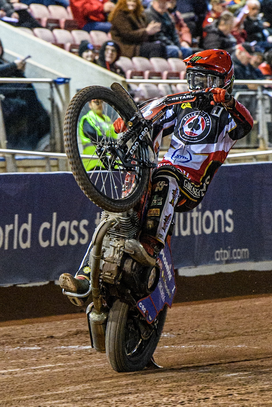 Dan Bewley  celebrates with a wheelie during the SGB Premiership match between Belle Vue Aces and Peterborough at the National Speedway Stadium, Manchester on Monday 24th April 2023. (Photo: Ian Charles | MI News)