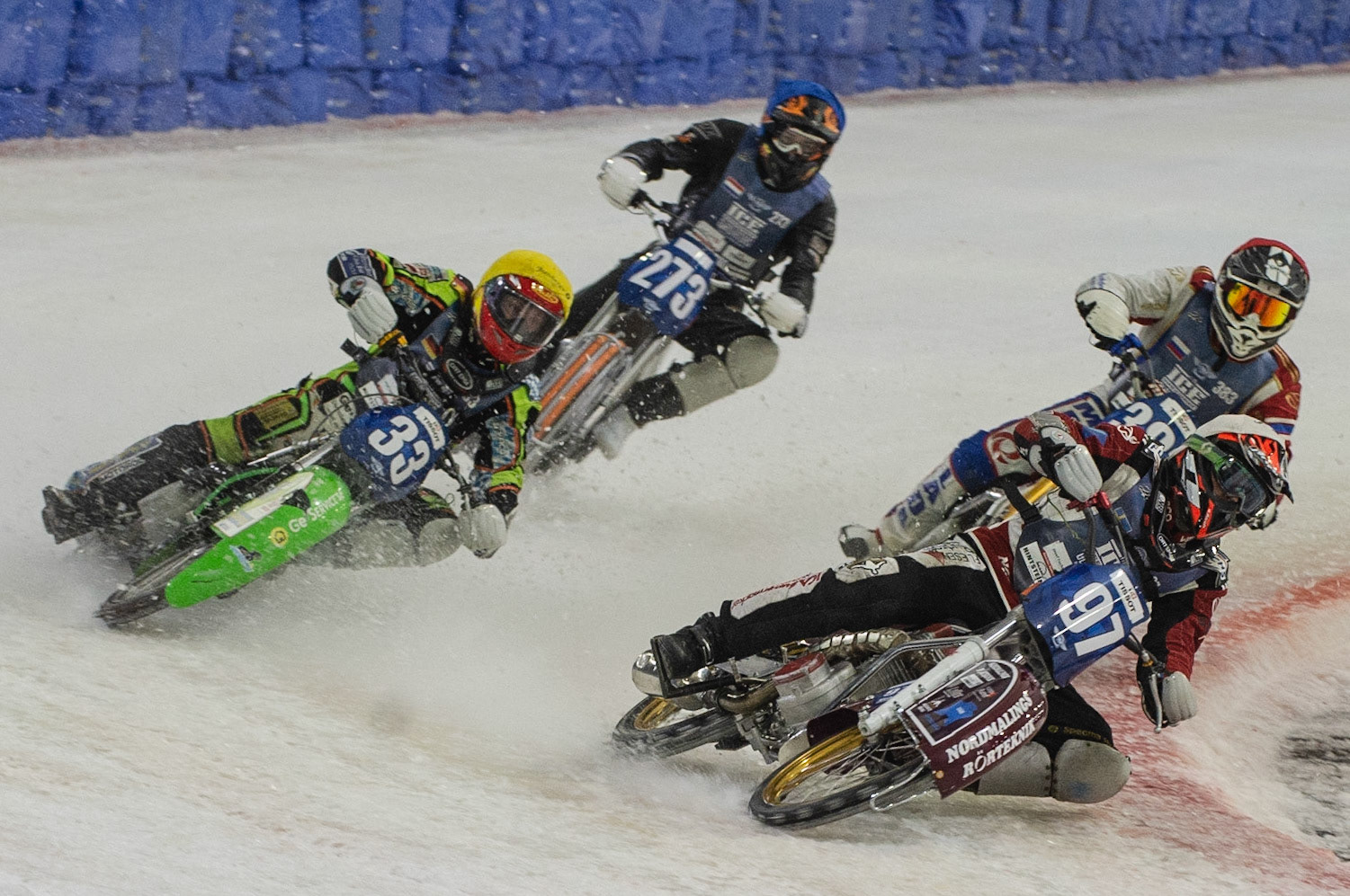 Photo: Ian Charles

Ove Ledström (97) leads Johann Weber (33) Nikita Toloknov (383) and Jimmy Tuinstra (273)

FIM Ice Speedway Gladiators World Championship, Event 5.1, Ice Rink Thialf, Heerenveen, Netherlands Saturday  30  March  2019