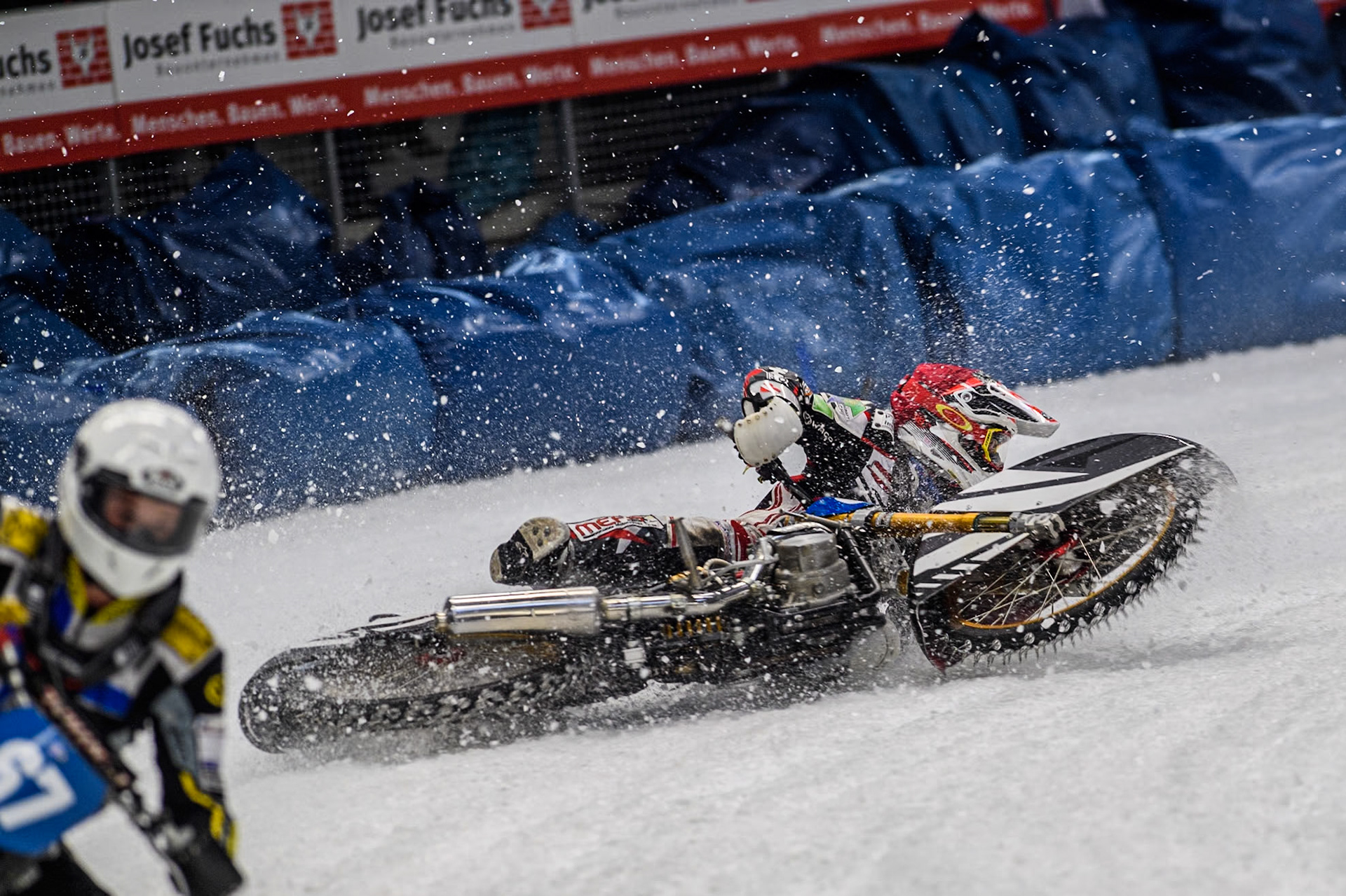 Austria's Charly Ebner (665) spins off during the FIM Ice Speedway Gladiators World Championship Final 2 at the Max-Aicher-Arena, Inzell on Sunday 24 March 2024. (Photo: Ian Charles | MI News)