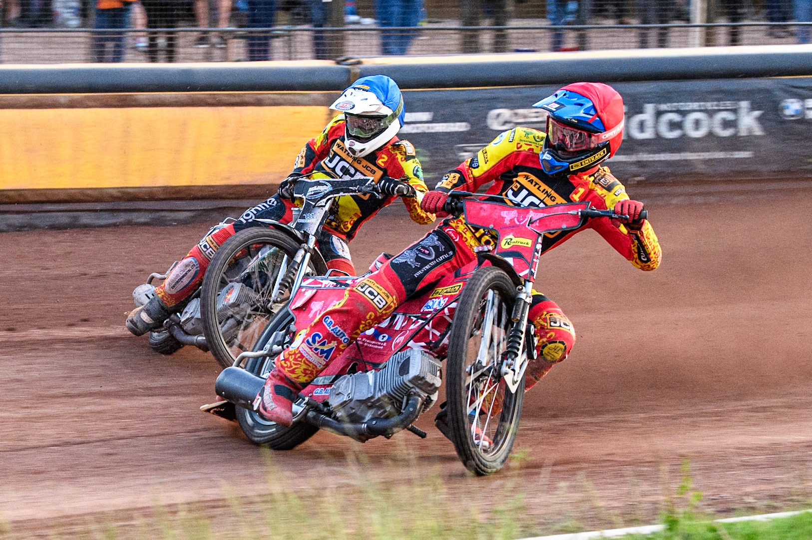 Leicester Lions' Max Fricke in Red leading team mate Richard Lawson in Blue during the Rowe Motor Oil Premiership match between Leicester Lions and Belle Vue Aces at the Pidcock Motorcycles Arena, Leicester on Thursday 25th July 2024. (Photo: Ian Charles | MI News)
