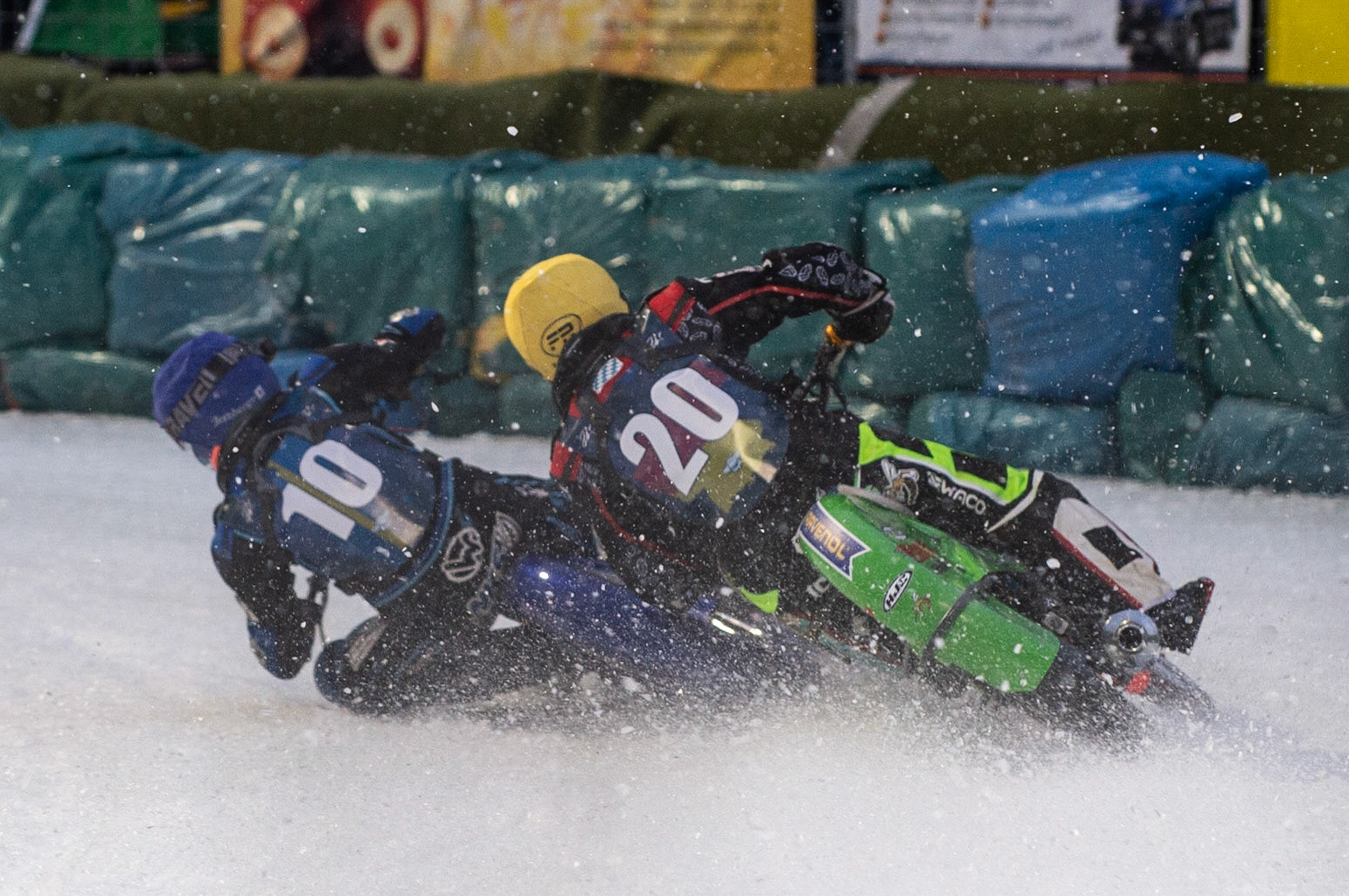 BERLIN GERMANY  - February 29   Niclas Svensson (Blue) and Johan Weber (Yellow) get too close for comfort during theIce Speedway of Nations (Day 1) at the Horst-Dohm-Eisstadion, Berlin,  on Saturday 29 February 2020. (Credit: Ian Charles | MI News)
