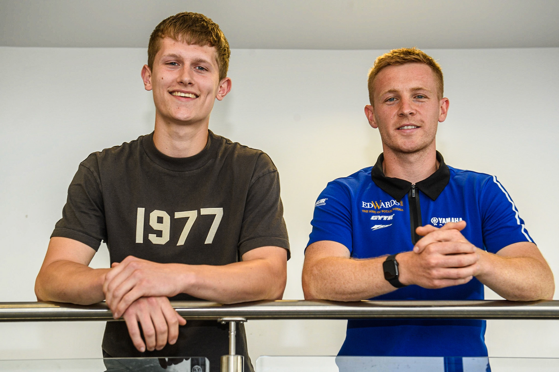 Flat track riders Archie May and Tim Neave during the FIM Flat Track World Championship &amp; FIM Women's Speedway Academy Launch at the National Speedway Stadium, Manchester on Monday 3rd July 2023. (Photo: Ian Charles | MI News)
