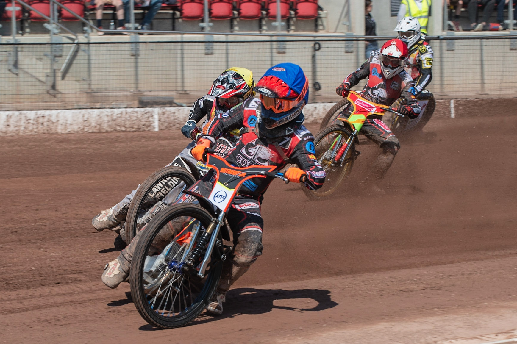 Photo: Ian Charles

Jordan Palin (Blue) leads Joe Alcock (Yellow), Ben Woodhull (Blue) and Shelby Rutherford  (White)

Belle Vue Colts v Stoke Potters, National League, Belle Vue National Speedway Stadium, Manchester, Friday 19  April  2019