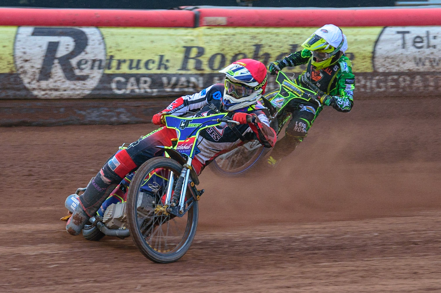 Nathan Ablitt   (Red) leads Sam Bebee  (White) during the National Development League match between Belle Vue Colts and Mildenhall Fens Tigers at the National Speedway Stadium, Manchester on Friday 15th July 2022. (Credit: Ian Charles | MI News)