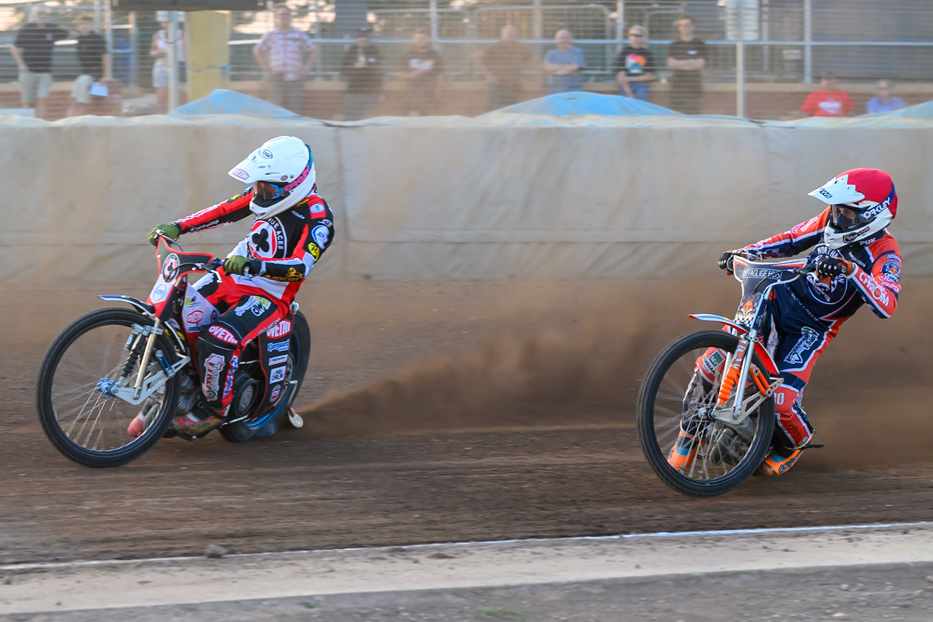 Peter Kildemand of Belle Vue Aces  in White leading Niels-Kristian Iversen of Northampton Foxes  in Red during the Rowe Motor Oil Premiership match between Northampton Foxes and Belle Vue Aces at Northampton International Shaleway, Northampton on Thursday 13th August 2026. (Photo: Ian Charles | MI News)