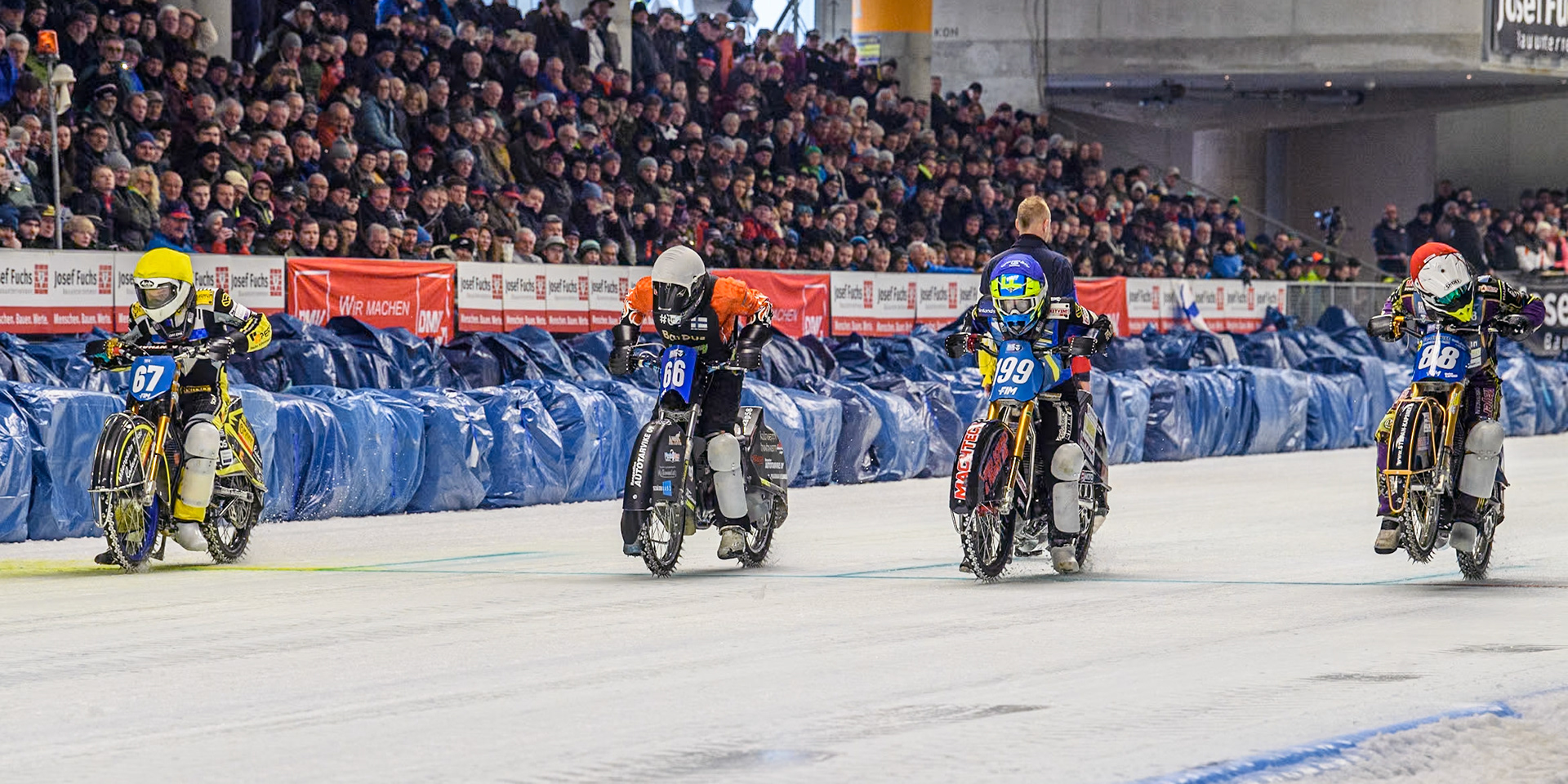 The start of Sunday’s Final: (L to R) Finland's Heikki Huusko (67) (Yellow), Finland's Aki Ala-Riihimäki (66) (White), Sweden's Martin Haarahiltunen (199)  (Blue) and Germany's Max Niedermaier (88) (Red)  during the FIM Ice Speedway Gladiators World Championship Final 2 at the Max-Aicher-Arena, Inzell on Sunday 24 March 2024. (Photo: Ian Charles | MI News)