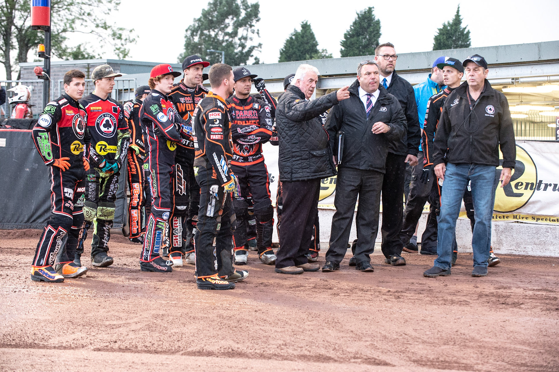 Photo by Ian Charles:

Peter Adams  (centre) points out the delays to referee Stuart Wilson as the riders wait for the start of the meeting in the rain

Belle Vue Aces v Wolverhampton Wolves, SGB Premiership, National Speedway Stadium, Manchester, Monday, 19, August, 2019