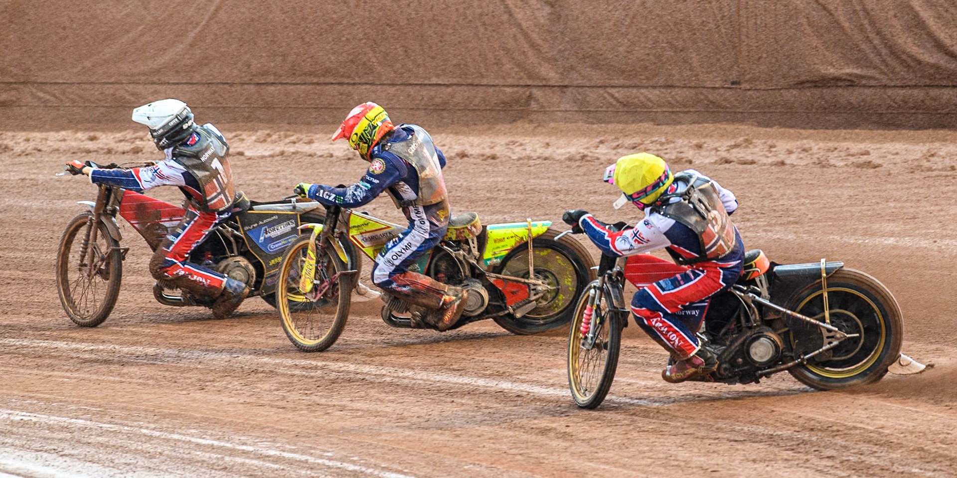Truls Kamhaug of Norway in Yellow chases Vaclav Milik of The Czech Republic in Red and Mathias Pollestad of Norway in White during the Monster Energy FIM Speedway of Nation Semi Final 2 at the National Speedway Stadium, Manchester on Wednesday 10th July 2024. (Photo: Ian Charles | MI News)
