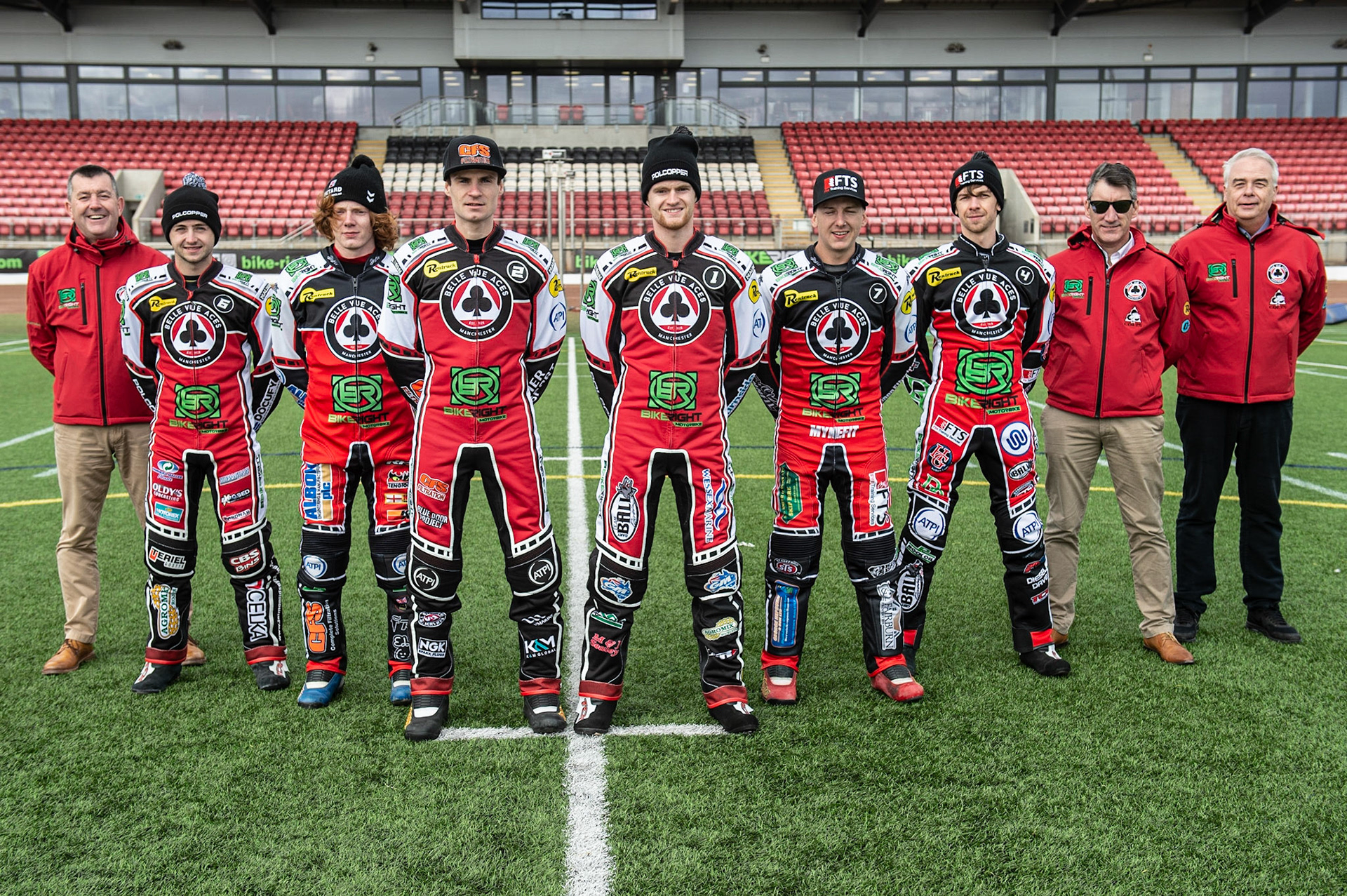MANCHESTER, ENGLAND  - March 12  Belle Vue Aces (l-r) Adrian Smith (CEO), Jaimon Lidsey, Dan Bewley, Steve Worrall, Brady Kurtz, Jye Etheridge, Charles Wright , Mark Lemon (Manager), Robin Southwell (Co-Owner) during The Belle Vue Speedway Media Day, at The National Speedway Stadium, Manchester, on Thursday 12 March 2020. (Credit: Ian Charles | MI News)