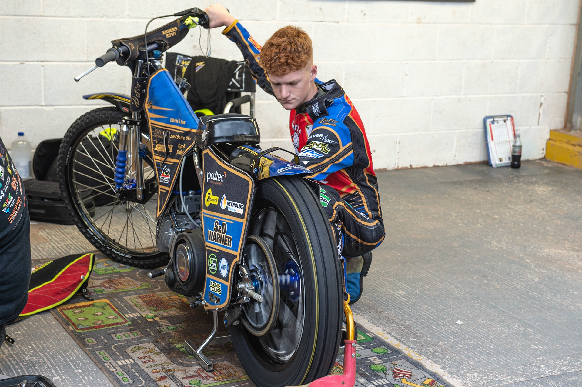 Photo: Ian Charles

Anders Rowe  warms up his bike

Belle Vue Colts v Kent Kings, SGB National League, Belle Vue National Speedway Stadium, Manchester, Thursday 1  August  2019