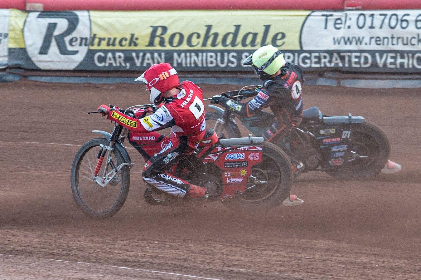 MANCHESTER, UK. JUN 13TH Max Fricke  (Red) passes Ryan Douglas  (Yellow) during the SGB Premiership match between Belle Vue Aces and Wolverhampton  Wolves at the National Speedway Stadium, Manchester on Monday 13th June 2022. (Credit: Ian Charles | MI News)
