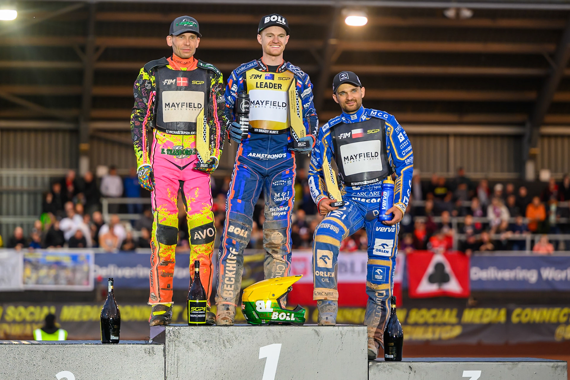 (L to R): Michael Jepsen Jensen (2nd), Brady Kurtz (Winner), Bartosz Zmarzlik (3rd)  during the ATPI  FIM Speedway GP of Manchester at the National Speedway Stadium, Manchester on Saturday 6th June 2026. (Photo: Ian Charles | MI News)