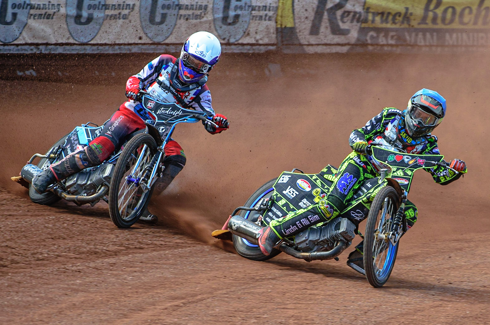 MANCHESTER, UK. JUN 3RD Ace Pijper (696) (Blue) inside Freddy Hodder (44)  (White) during the British Youth Speedway Championship (Round 4)  at the National Speedway Stadium, Manchester on Friday 3rd June 2022. (Credit: Ian Charles | MI News)