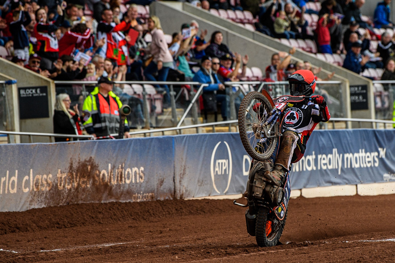 Brady Kurtz celebrates with a wheelie during the Sports Insure Premiership match between Belle Vue Aces and Leicester Lions at the National Speedway Stadium, Manchester on Monday 28th August 2023. (Photo: Ian Charles | MI News)