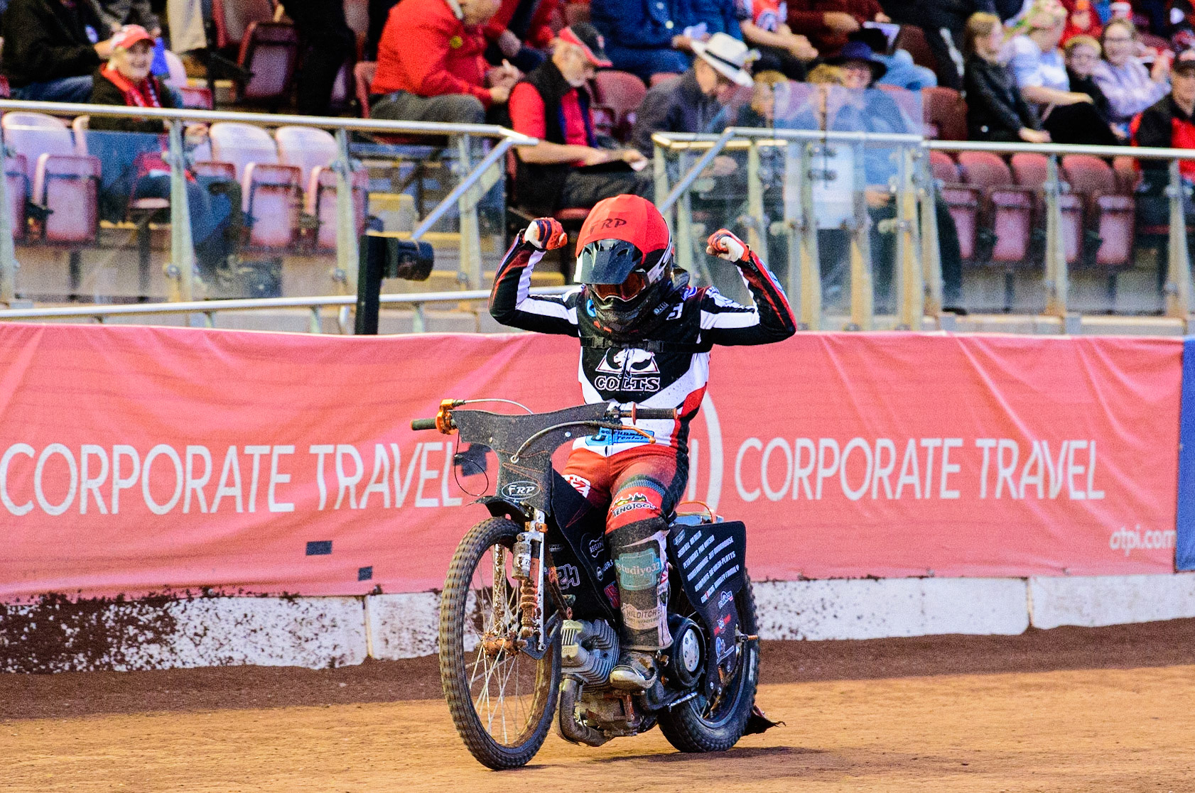 Jack Smith  celebrates his hard fought win in Heat 11during the National Development League match between Belle Vue Aces and Leicester Lions at the National Speedway Stadium, Manchester on Friday 19th August 2022. (Credit: Ian Charles | MI News)