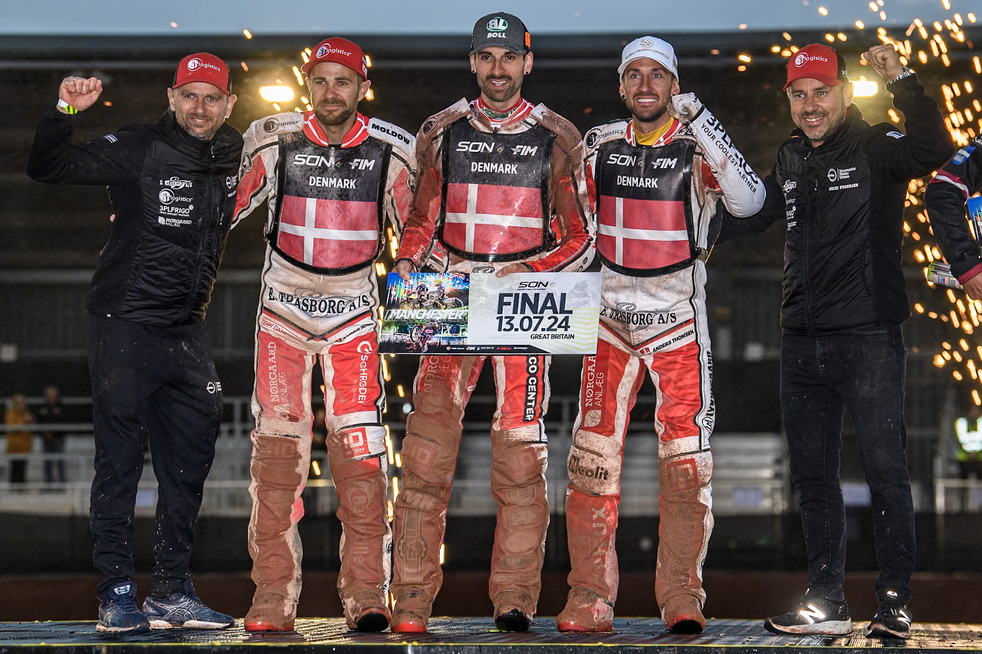 Denmark - Winners of Semi Final 2: (L to R) Team manager, Nicki Pedersen, Rasmus Jensen, Mikkel Michelsen (Captain) Anders Thomsen and Hans Andersen, Assistant Team Manager during the Monster Energy FIM Speedway of Nation Semi Final 2 at the National Speedway Stadium, Manchester on Wednesday 10th July 2024. (Photo: Ian Charles | MI News)