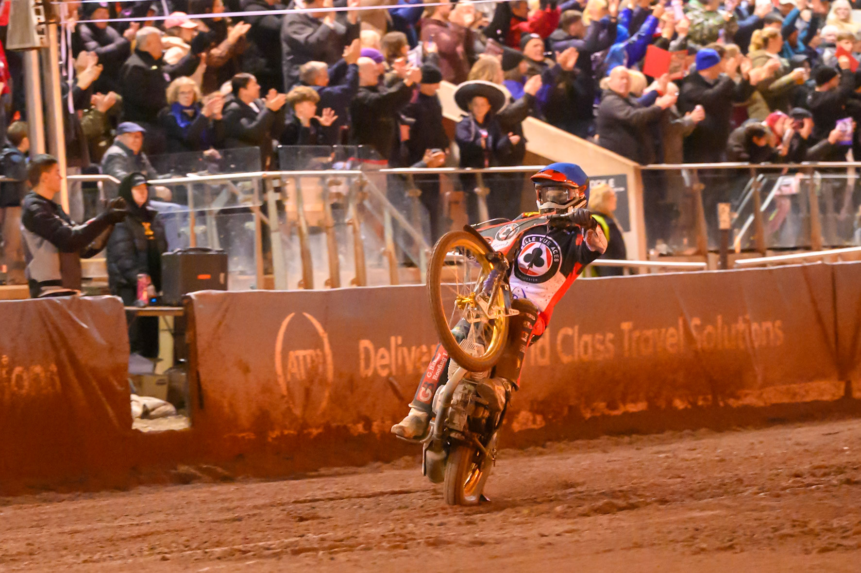 Jason Doyle of Belle Vue Aces celebrates with a wheelie during the Rowe Motor Oil Premiership Grand Final 2nd Leg between Belle Vue Aces and Sheffield Tigers at the National Speedway Stadium, Manchester on Friday 16th October 2026. (Photo: Ian Charles | MI News)