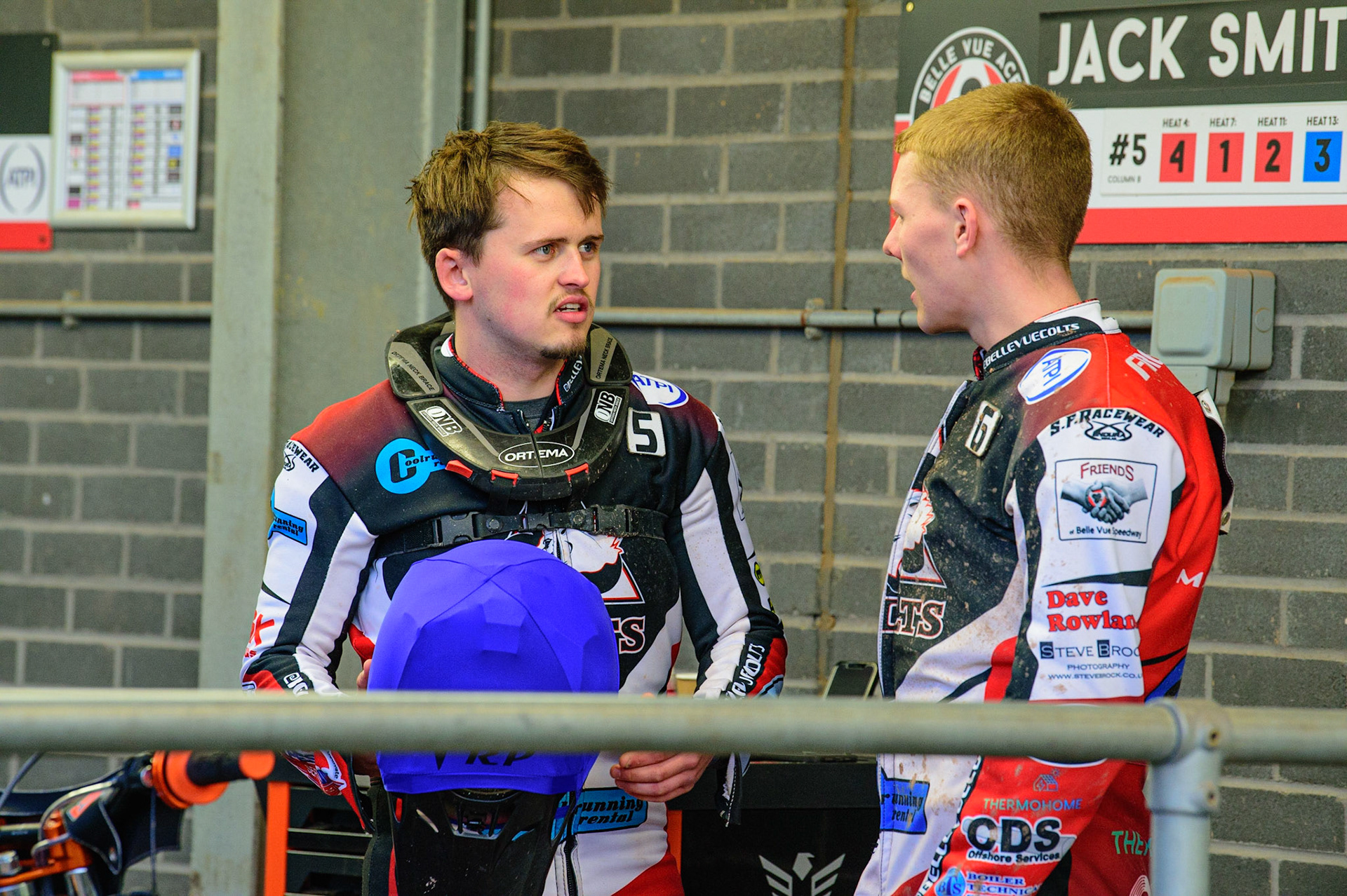 MANCHESTER, UK. MAY 27TH Jack Smith  (left) chats with Archie Freeman  during the National Development League match between Belle Vue Colts and Armadale Devils at the National Speedway Stadium, Manchester on Friday 27th May 2022. (Credit: Ian Charles | MI News)