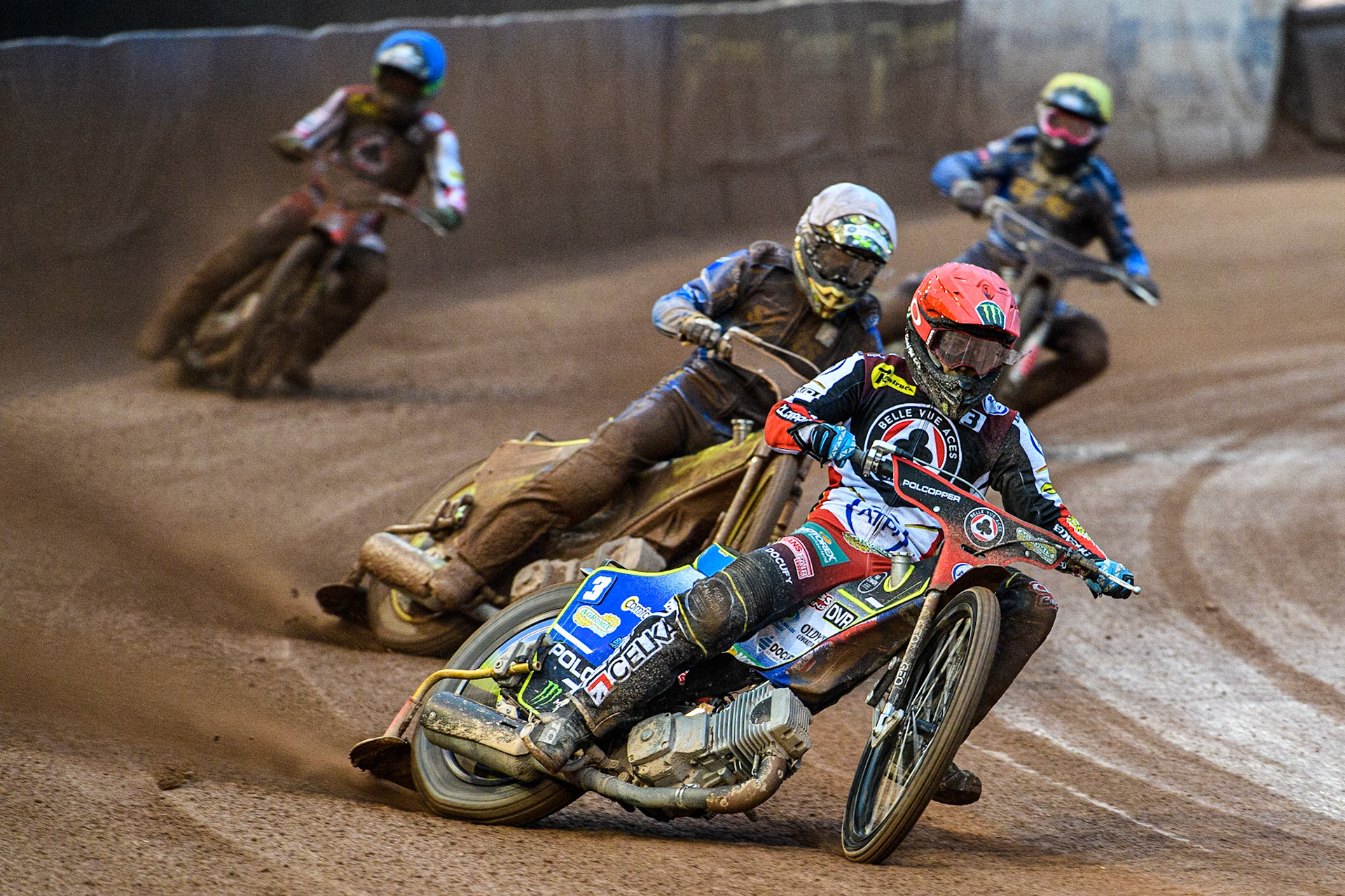 Jaimon Lidsey (Red) leads Artem Laguta (White), Charles Wright (Blue) and Thomas Jorgensen (Yellow) during the Sports Insure Premiership match between Belle Vue Aces and King's Lynn Stars at the National Speedway Stadium, Manchester on Monday 12th June 2023. (Photo: Ian Charles | MI News)