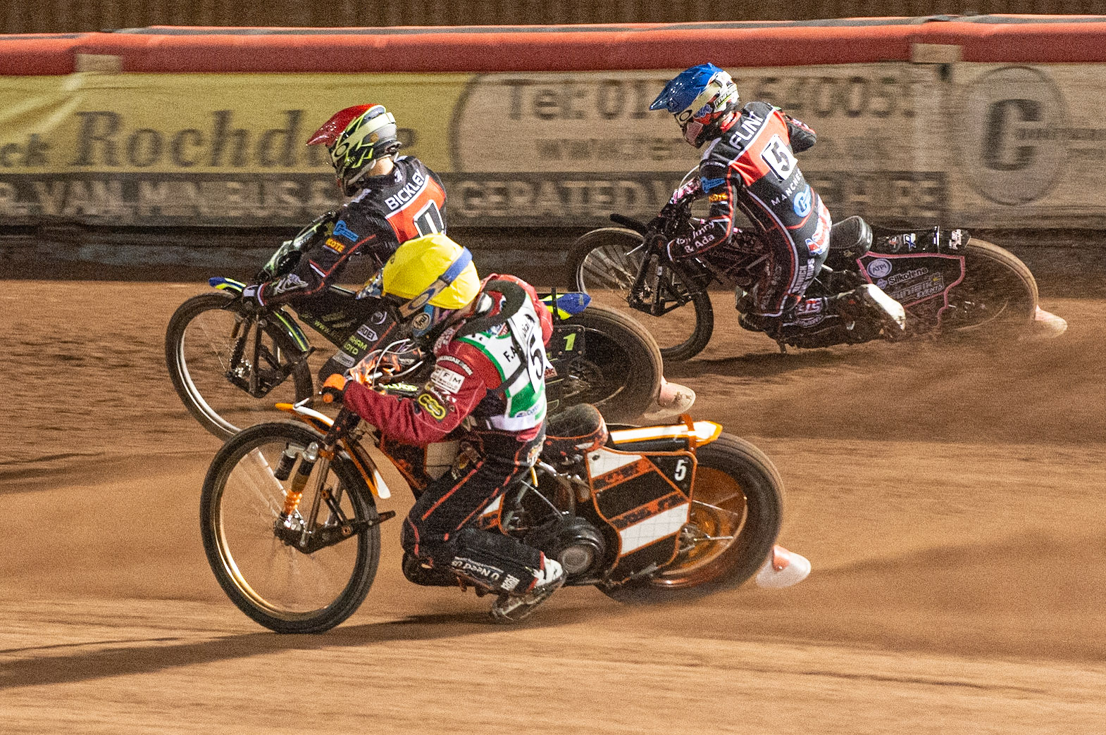 Photo: Ian Charles

Jack Smith  (Yellow) inside Kyle Bickley  (Red) and Leon Flint  (Blue)

Belle Vue Colts v Cradley Heathens, SGB National League, Belle Vue National Speedway Stadium, Manchester, Thursday 29  August  2019