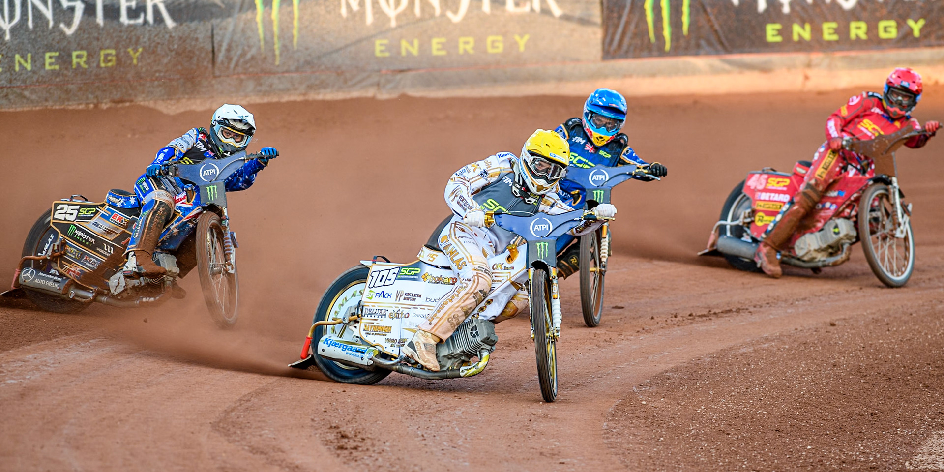 Anders Thomsen (105) of Denmark in Yellow leading Robert Lambert (505) of Great Britain in Blue, Max Fricke (46) of Australia in Red and Jack Holder (25) of Australia in White during the ATPI FIM Speedway Grand Prix Round 5 at the National Speedway Stadium, Manchester, on Saturday 14th June 2025. (Photo: Ian Charles | MI News)